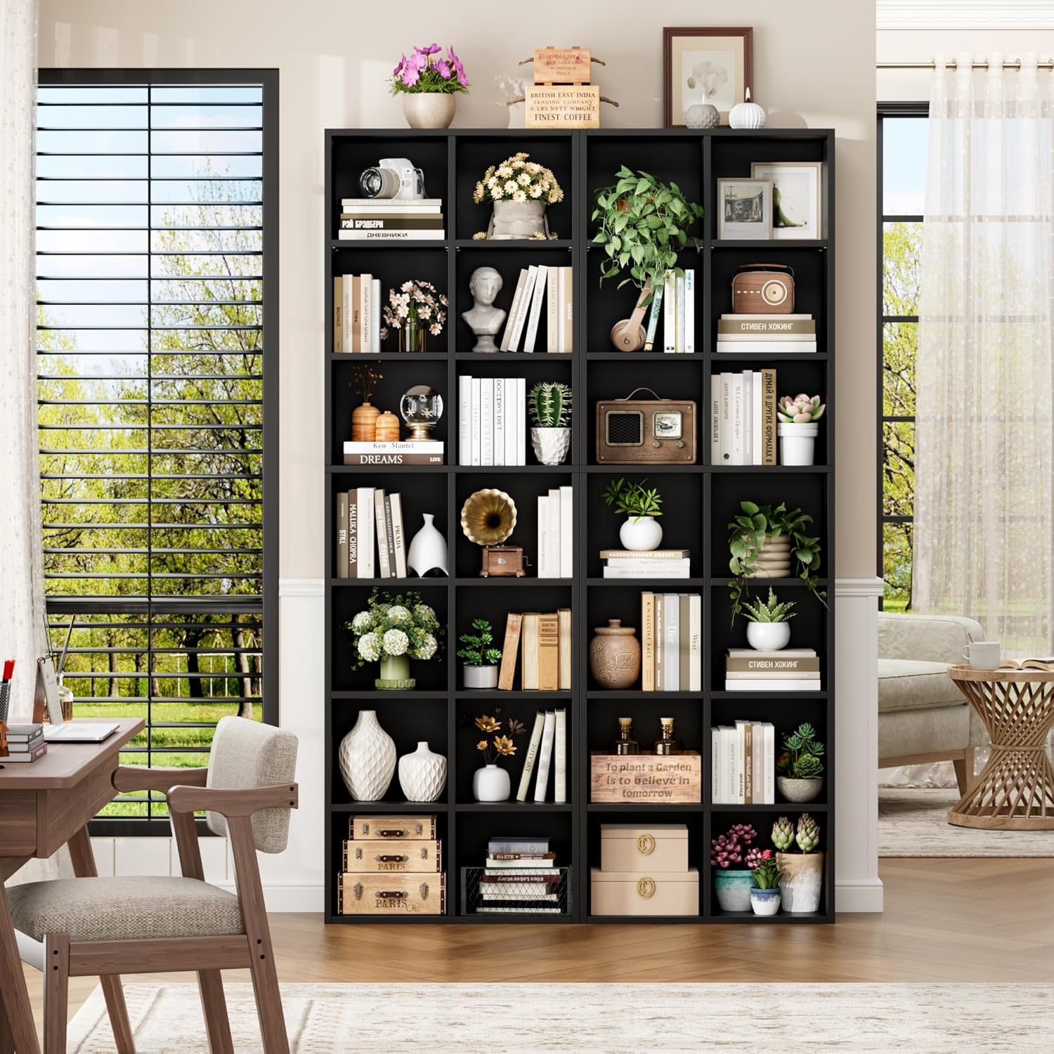 FOTOSOK 71'' Tall Bookshelf, Double Wide Media Tower Rack CD DVD Rack Display Cabinet with Adjustable Shelves, Tall Narrow Bookcase Black Bookshelf for Home Office, Black