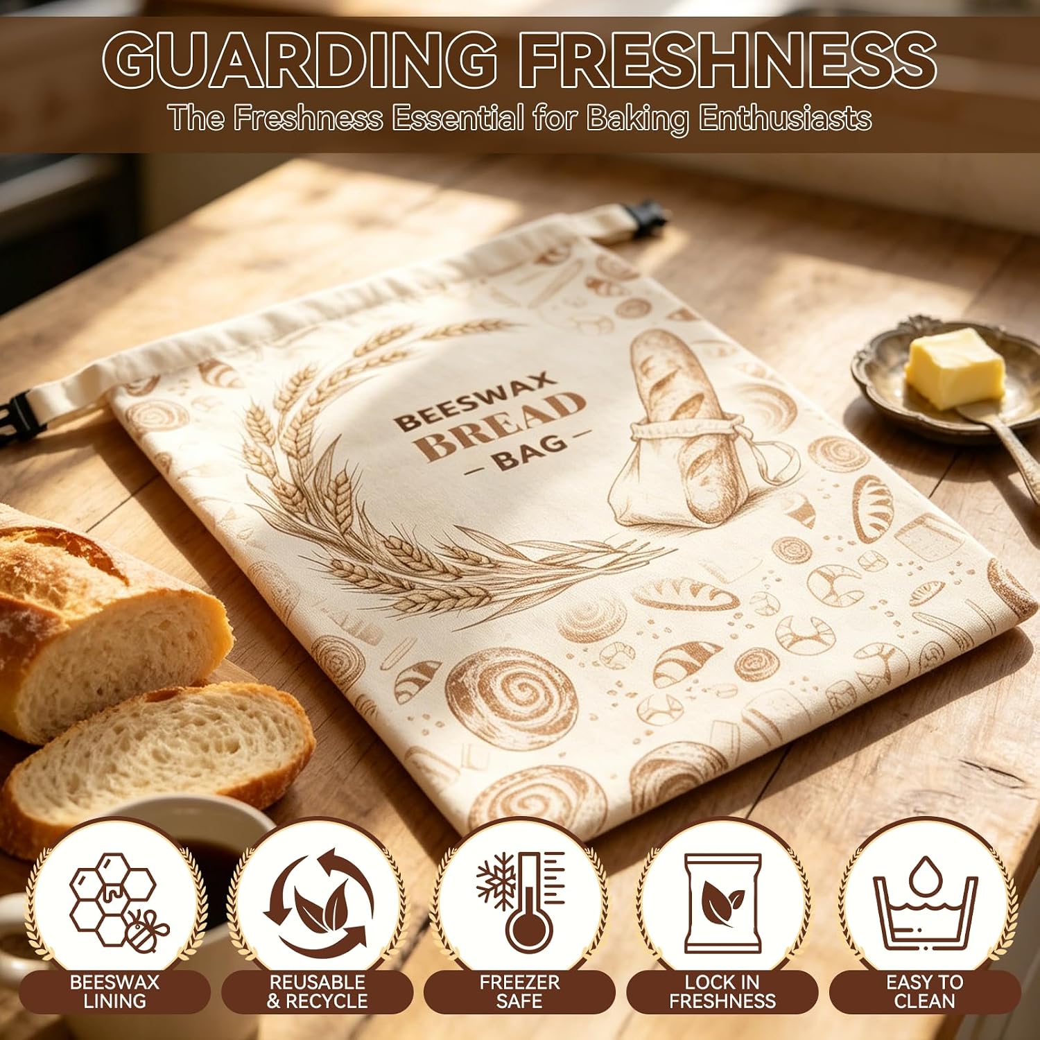 2 Pack Beeswax Sourdough Bread Bags for Homemade Bread (2 Pack + 1 Wrap) -17"x13" Reusable Cotton Beeswax Bread Bag with Lock Closure, Non-Flaking & Breathable for Fridge