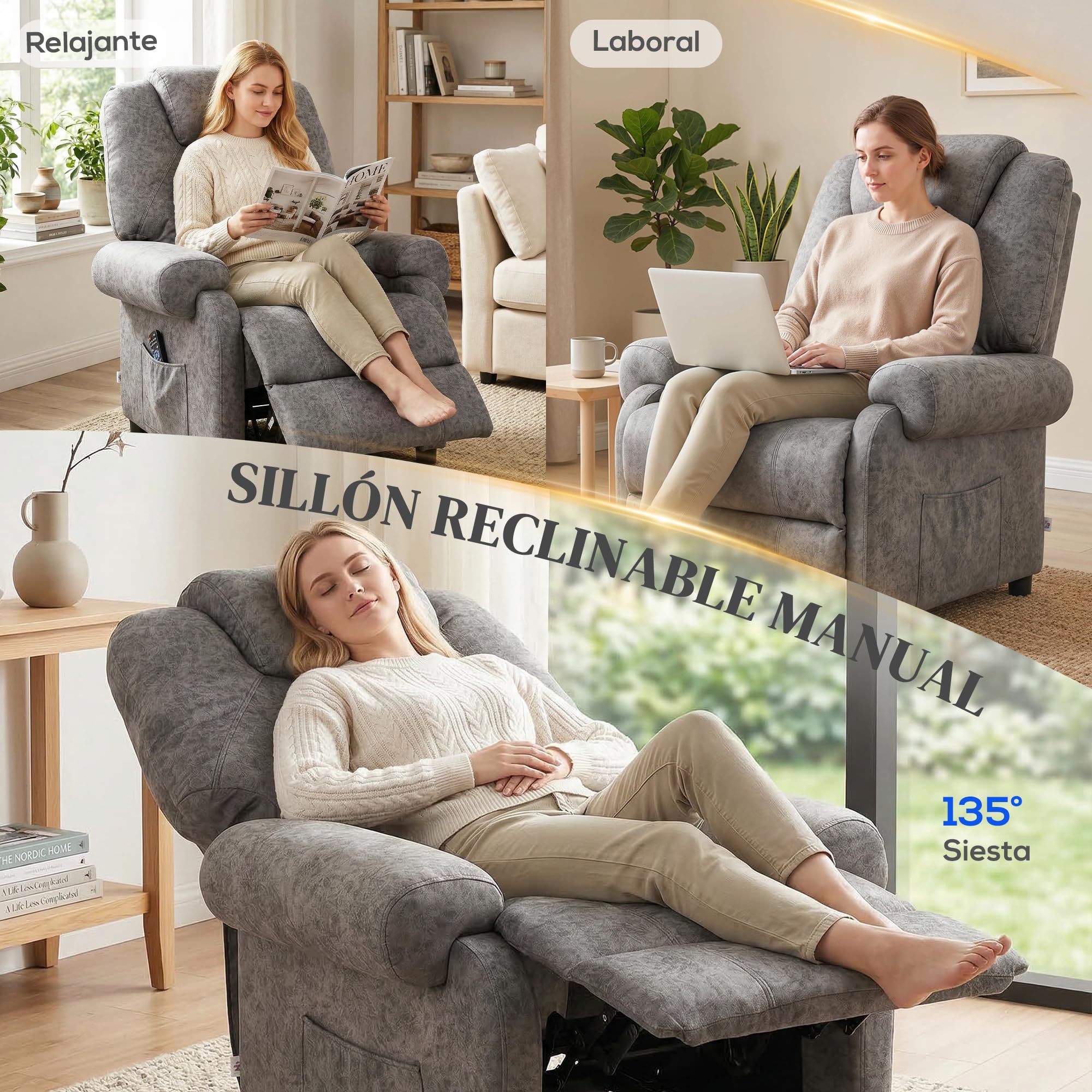 HOMCOM Sillón Relax Reclinable Manual, Sillón Relax de Terciopelo con Reposabrazos, Reposapiés, Acolchado Grueso, Butaca Reclinable hasta 135º para Salón, Dormitorio, Oficina, Gris