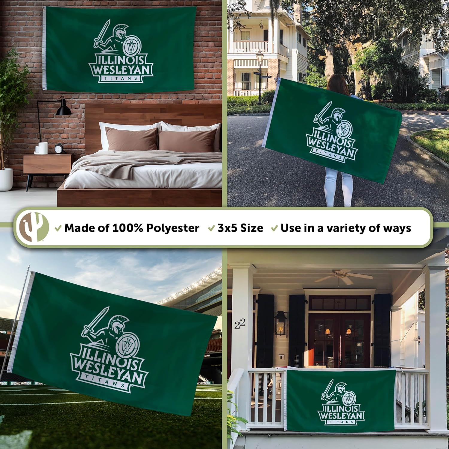 Desert Cactus Illinois Wesleyan University IWU Flag - 3 x 5 Feet Titans Banner, Indoor/Outdoor Durable Fabric, 100% Polyester Design (Style 1)