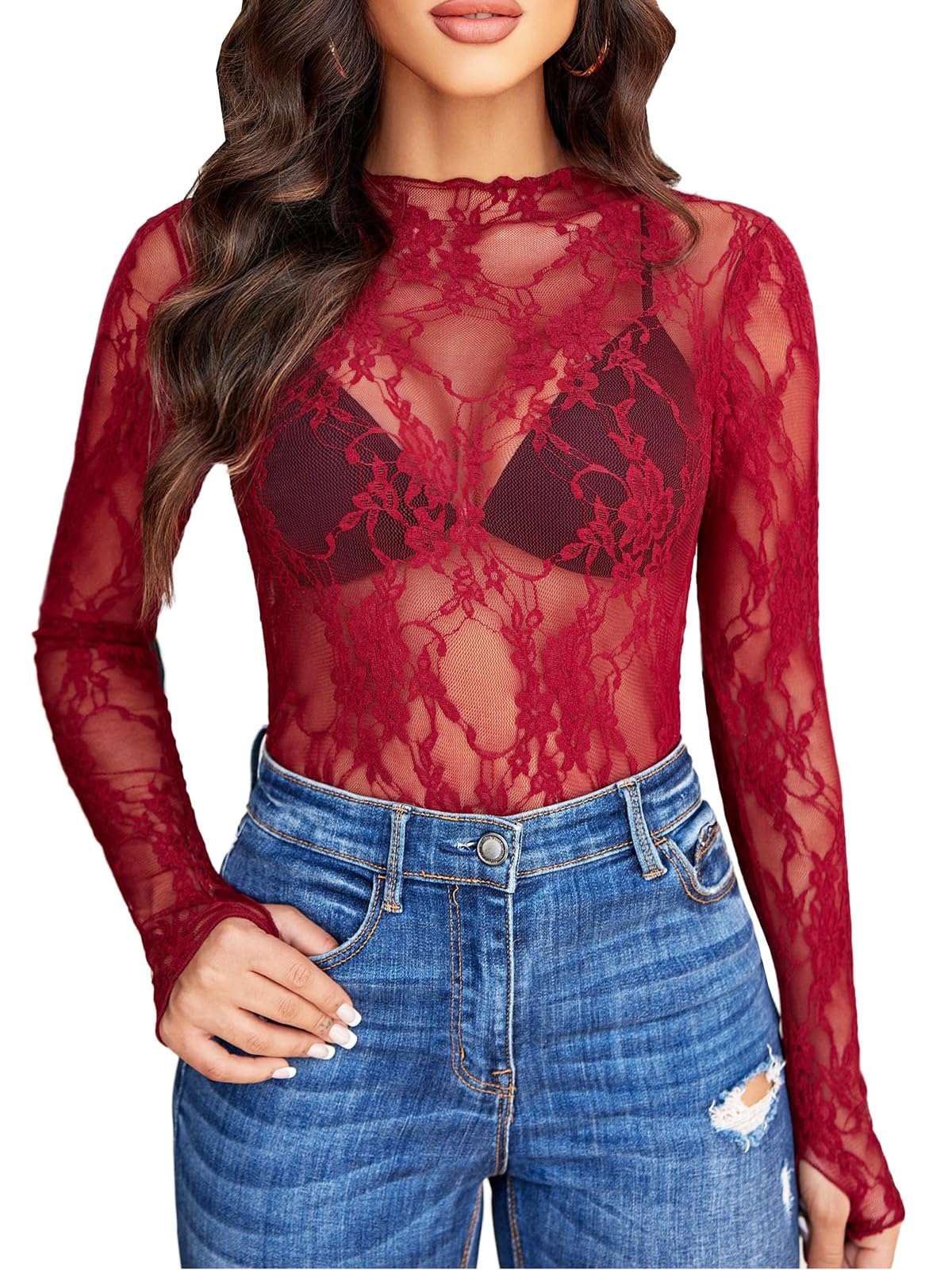 MIZSPISE Camiseta Mujer de Manga Larga Sexy Encaje Transparente Blusas Elegantes Fiesta Club Casual Festival Discoteca Camisas Regalos Cumpleaños Aniversario Blanco Negro Burdeos S-XL