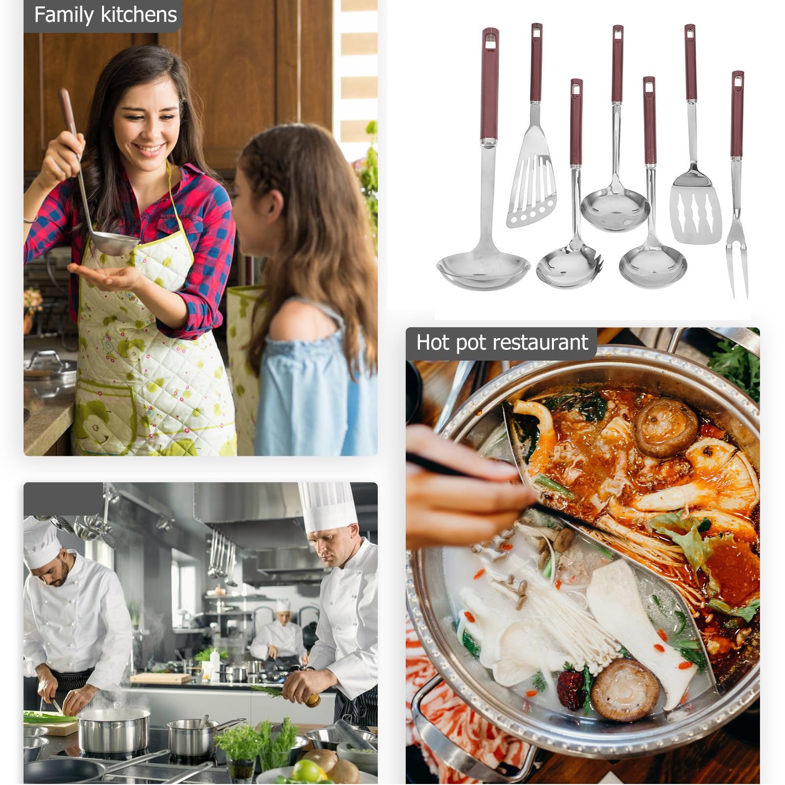 Set di 7 Utensili da Cucina in Acciaio Inox, Argento