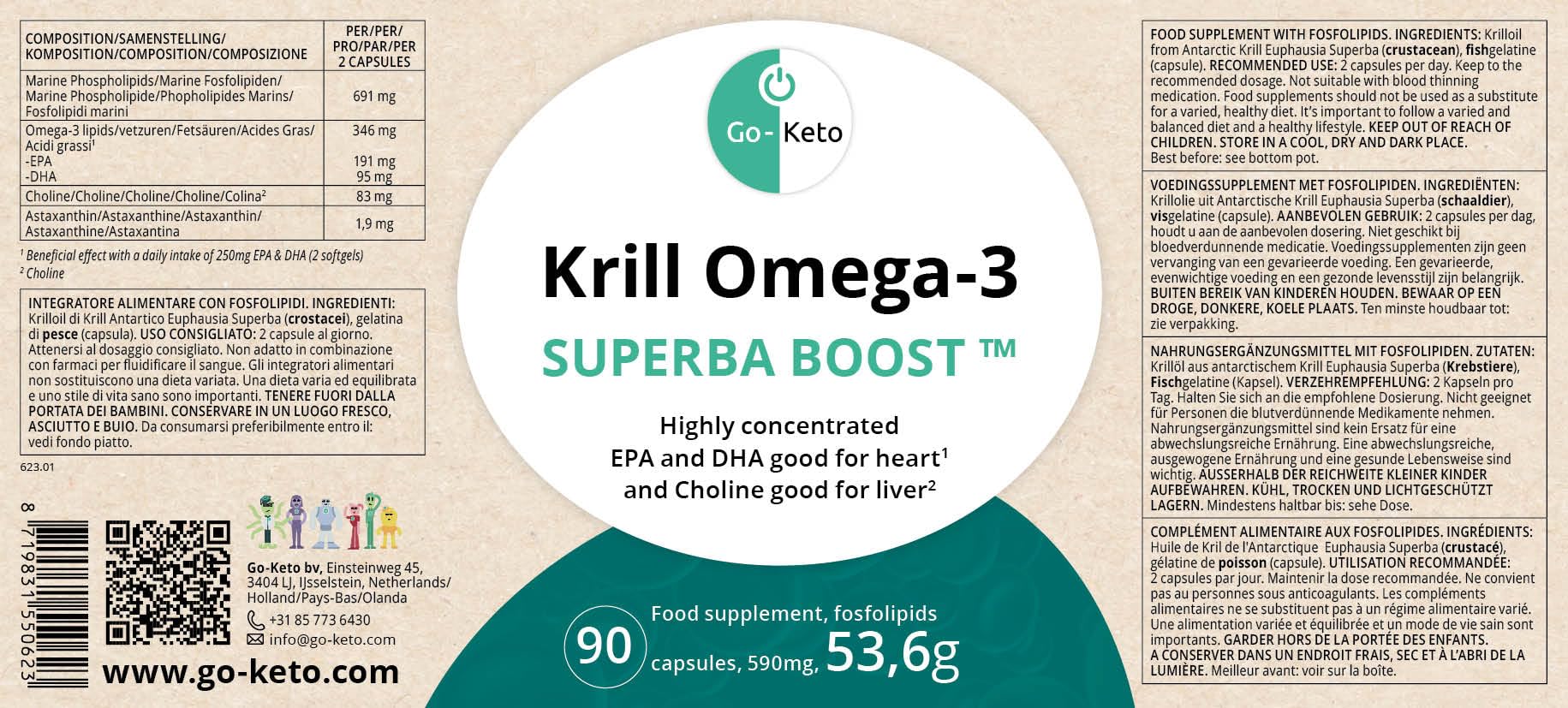 Go-Keto Krill Oil Omega 3 SUPERBA BOOST® | 90 capsules de 596 mg d'huile de krill premium | concentration très élevée d'EPA et de DHA, avec choline | Fabriqué en Allemagne | certifié MSC