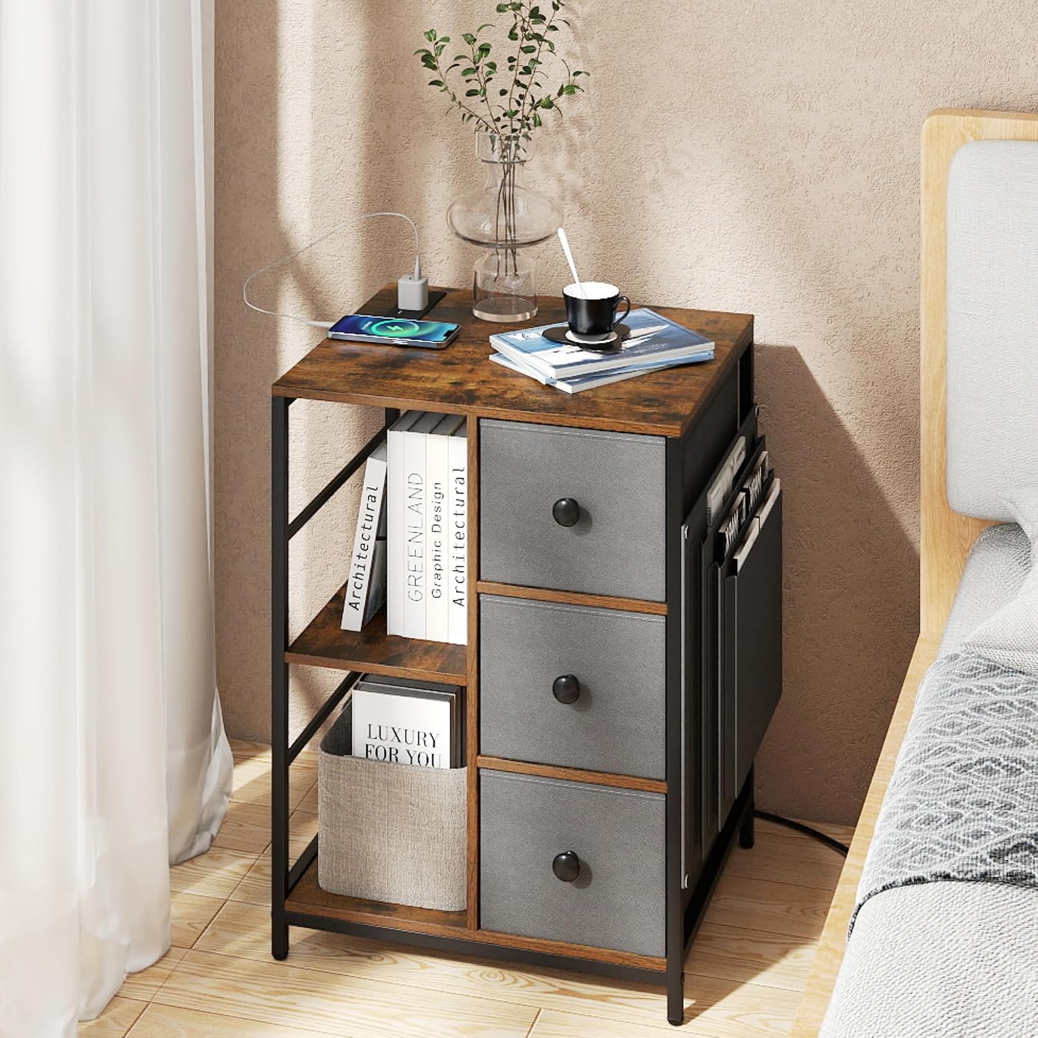 KOMFOTT 3-Tier Nightstand with Charging Station, Bedside Table with 3 Fabric Drawers & Side Pockets, Industrial Nightstand with 2 Open Shelves, Storage End Table for Bedroom (Rustic Brown,2)
