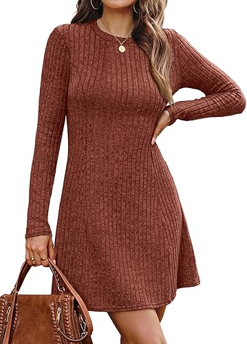 OFEEFAN Fall Dresses for Women 2025 Long Sleeve Crew Neck Sweater Dress