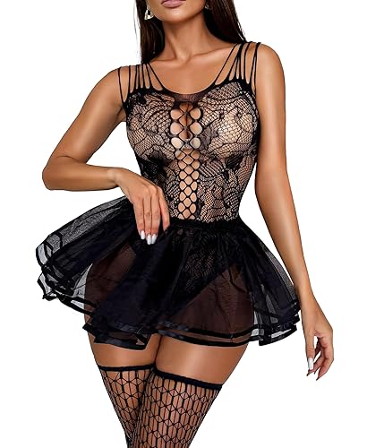 RSLOVE Sexy Babydoll Lingerie - 3 Piece Exotic Lingerie Sets Fishnet Teddy Bodysuit with Thigh High Stockings and Mini Skirt - One Size Plus - Black