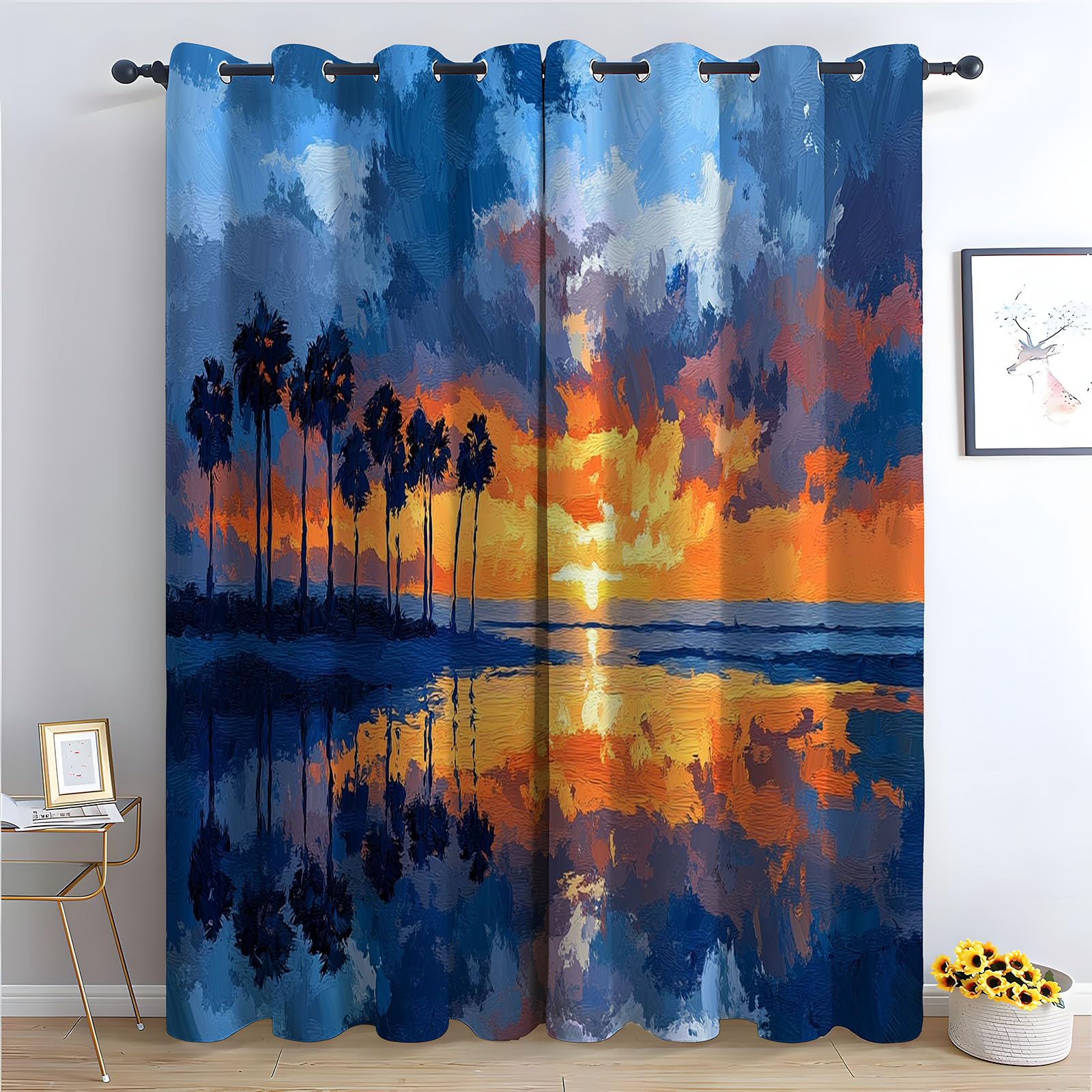 WIKEO Floral Curtains for Living Room Sunset Seascape pattern Botanical Blackout Curtain,Thermal Insulated Long Farmhouse Print Decorative Grommet Drapes, 2 Panels-52 W x 96" L (Pack of 2)