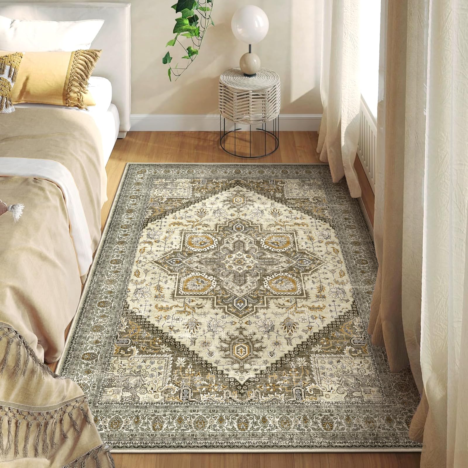 WARMYS 4x6 Washable Area Rug Non-Slip Non-Shedding Easy Care Soft Low Pile Faux Wool Distressed Indoor Floor Carpet