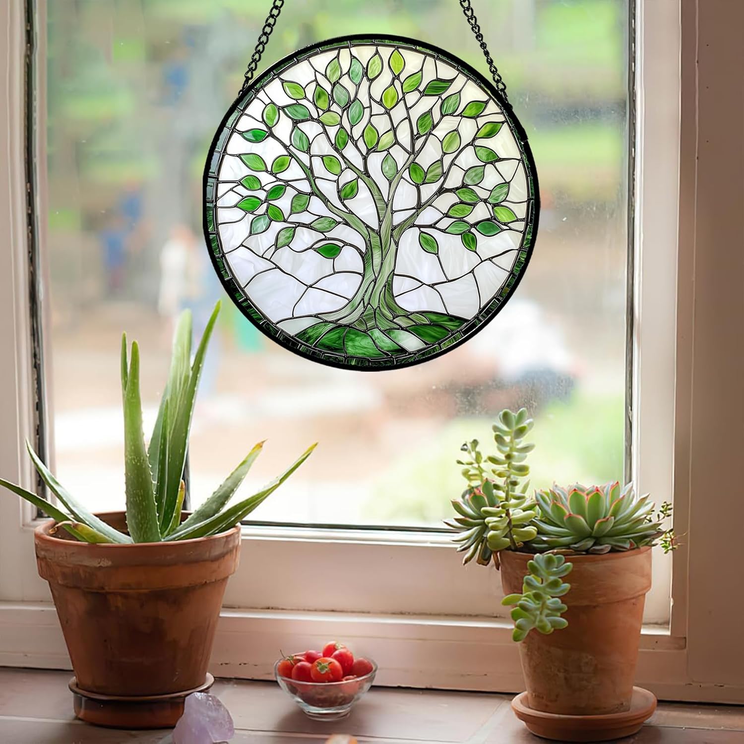 Stained Glass Window Hanging - White Green Tree of Life Sun Catcher for Door Garden Home Decor Plant Suncatcher Christmas Mother's Day Birthday Gifts for Women Men Mom Nana 9.8 in