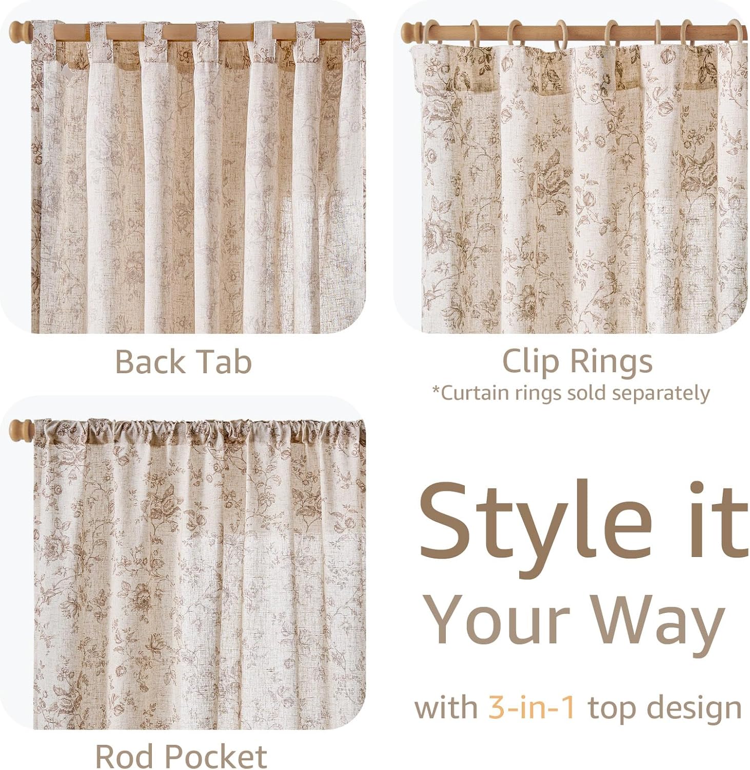 jinchan Amlie Linen Floral Curtains 84 inch Length Curtains for Living Room Bedroom Farmhouse Country Decor Drapes Light Filtering Window Treatment Back Tab Rod Pocket 2 Panels Taupe