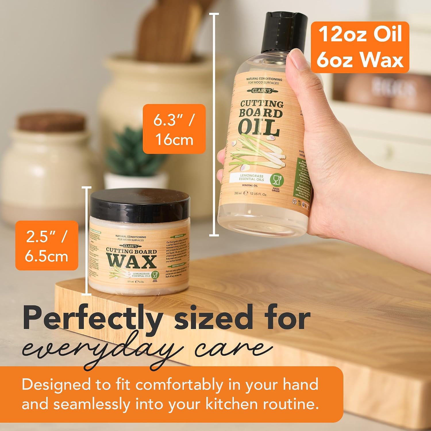 CLARK'S Food Grade Mineral Oil (12oz) and Carnauba Wax (6oz) Set - 100% Natural Butcher Block Oil and Cutting Board Wax - Food Safe Beeswax and Wood Cutting Board Oil with Lemongrass Extract