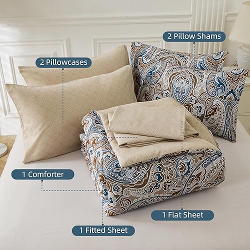 Miniatura 5 de Juego de edredón marrón King, edredón de 7 piezas de cama en una bolsa, ropa de cama con patrón de cachemira bohemio, ropa de cama de microfibra