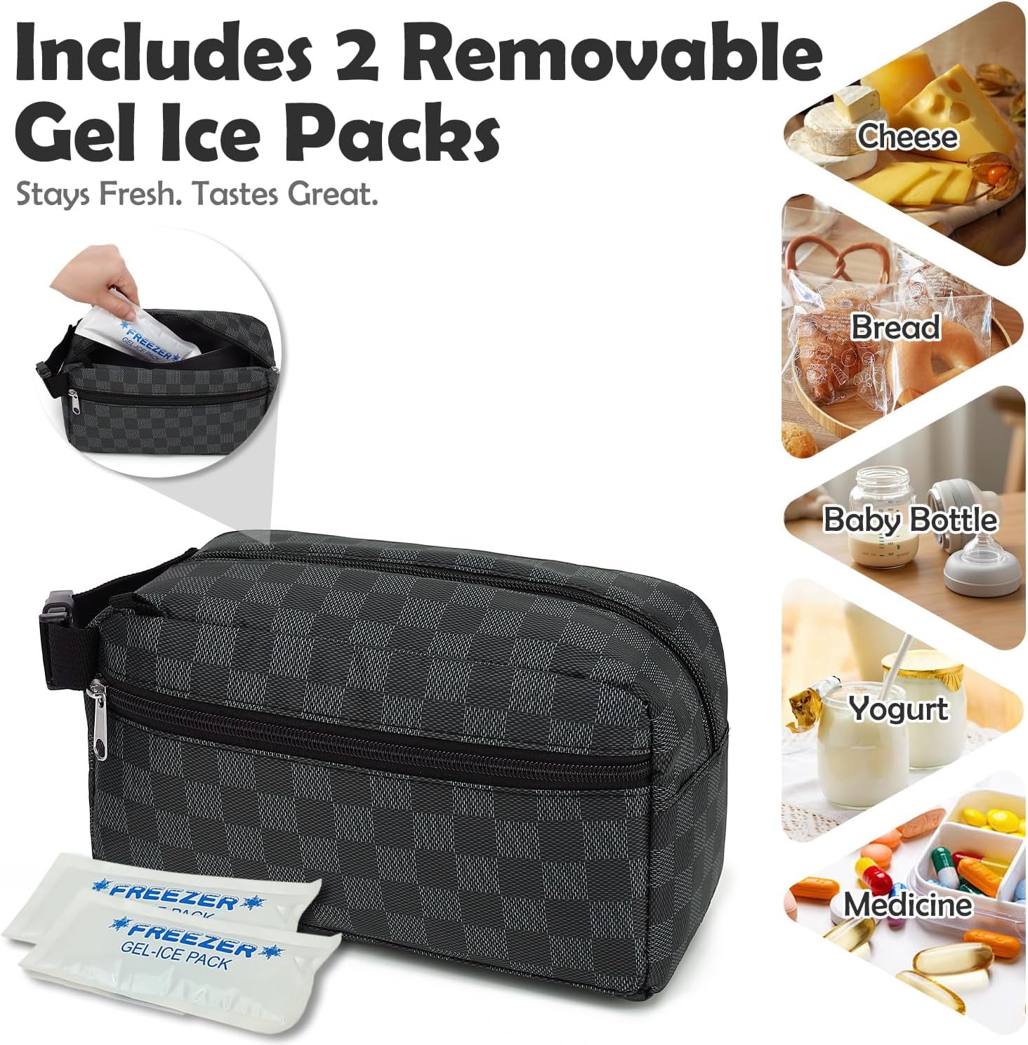 Fammart Freezable Snack Bag with Removable Ice Packs, Small Insulated Lunch Bag Mini Cooler, Leakproof Reusable Snack Lunch Box with Buckle Handle for Work, Travel, Office - Checkered Gray image 2
