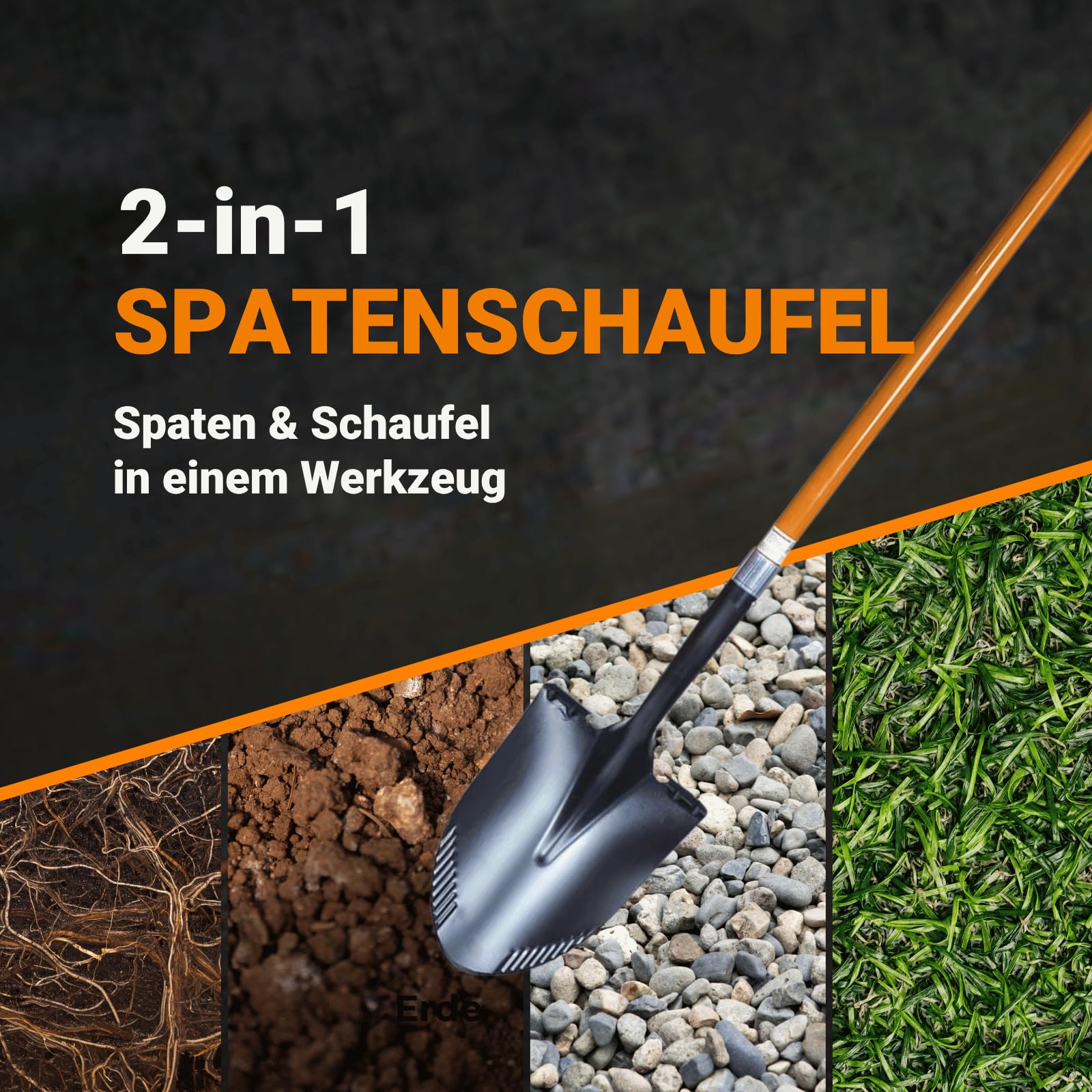 FRONTTOOL Spatenschaufel 2in1 Amerikanische Form | Gartenspaten | Profi Garten- & Bauwerkzeug aus Kohlenstoffstahl mit Fiberglasstiel