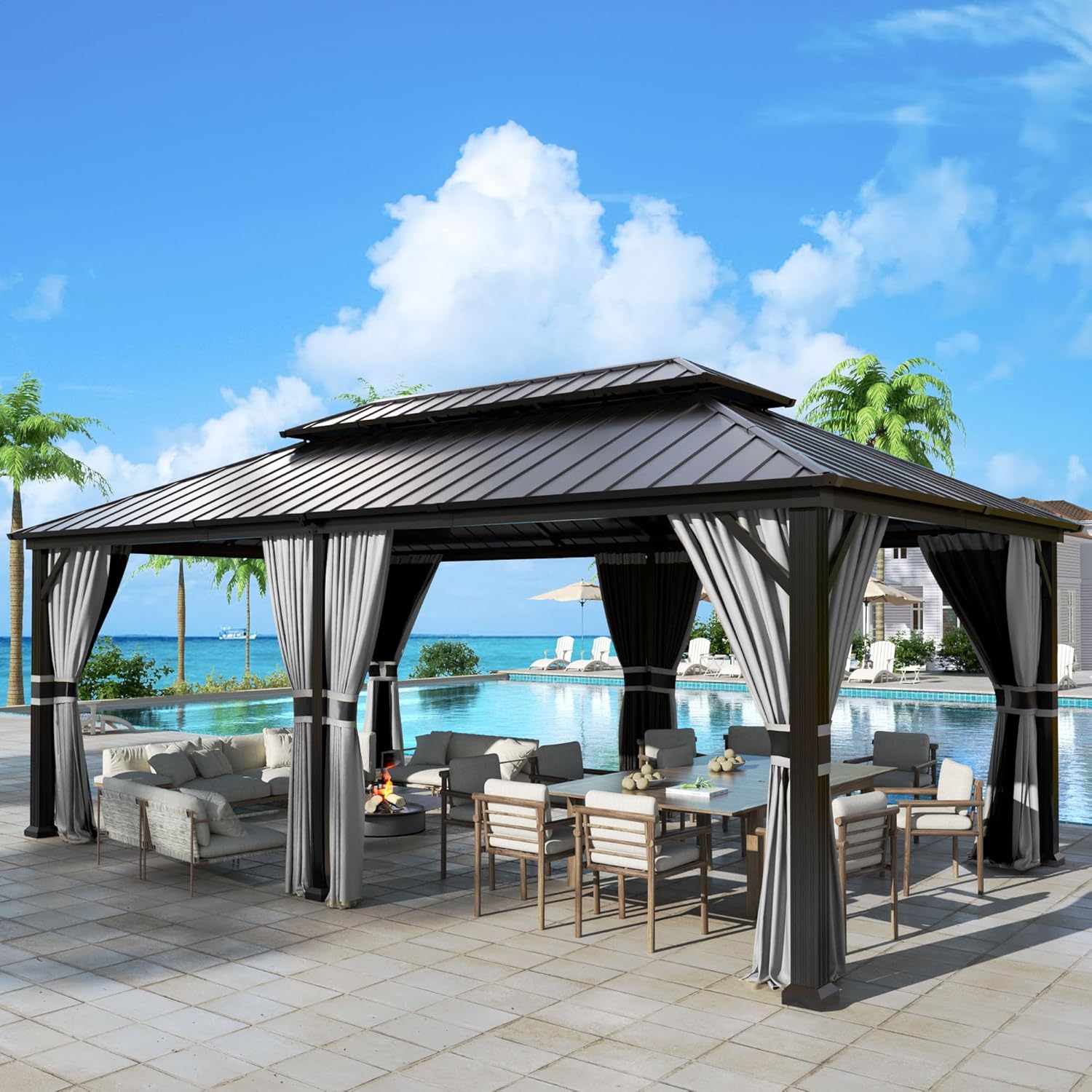 UDPATIO 12' x 20' Hardtop Gazebo, Galvanized Steel Double Roof Permanent Aluminum Gazebo, Outdoor Metal Pergolas with Mosquito Netting and Curtains for Garden, Parties, Patio, Deck, Lawns, Grey
