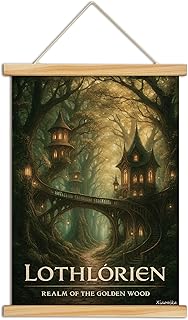 XIAOAIKA Middle Earth Golden Forest Elven Wall Art, Fantasy Woodland Canvas Poster with Solid Wood Frame, Hanging Print for Fans of Magical Realms and Fairytale Decor, 16x23 Inch