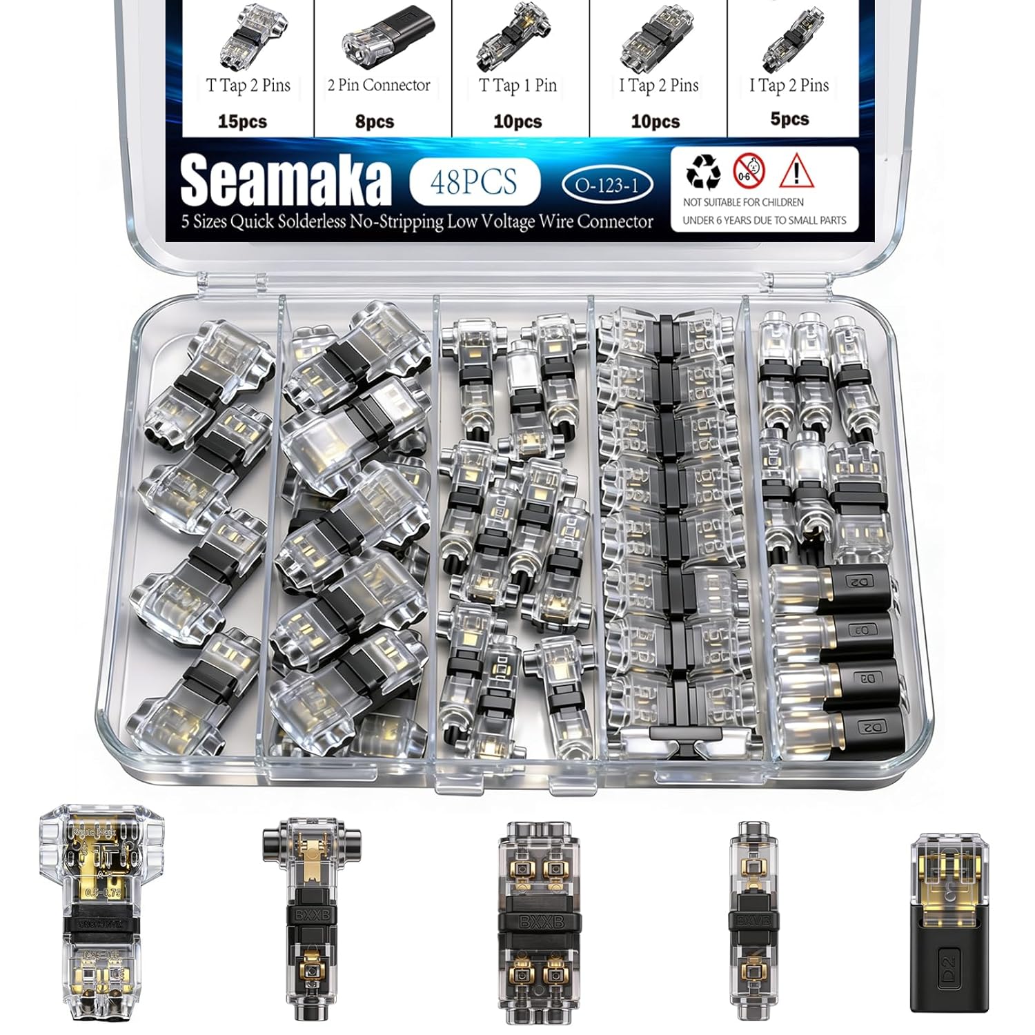 48PCS Wire Tap Connectors Kit 24-18 AWG,Wire Quick Connectors,Low Voltage Wire Connector Solderless No Stripping 3 Way 2 Pin 2-Way 1-Pin Wire Connectors,2 Pin Led Light Strip Connector