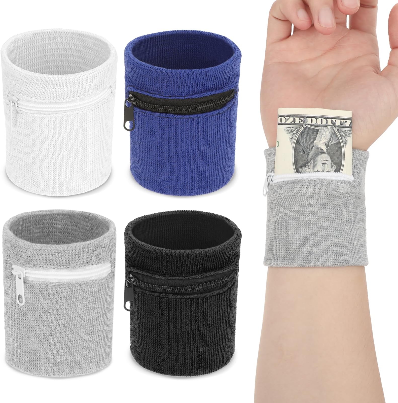4 Pack Wrist Bands for Sweat Wrist Wallet with Zipper Wristband Wallet Wrist Pocket Wrist Pouch Wallet Sports Sweatband Wallet for Running Walking Hiking Sports Travel Coin Key Card Storage