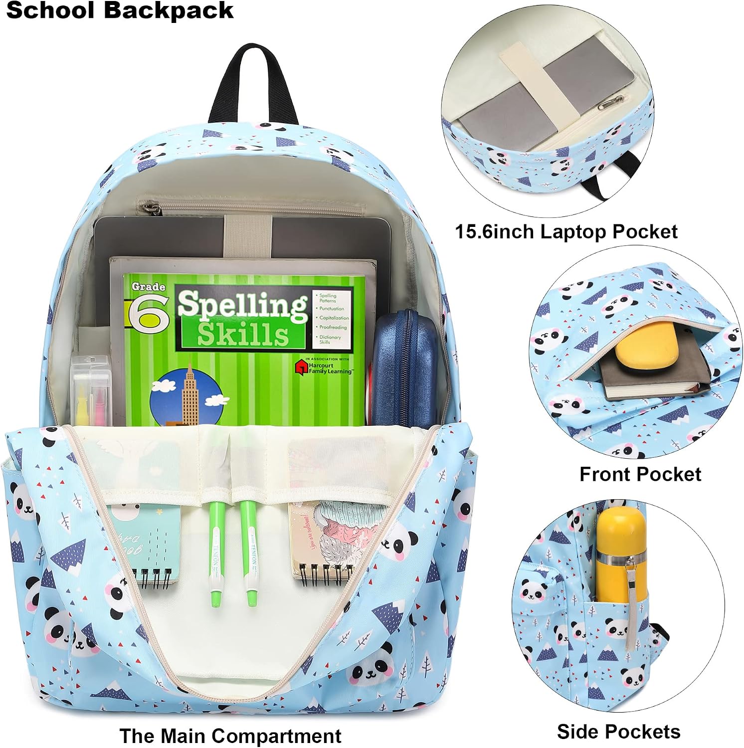 School Backpack for Teen Girls, 3-in-1 Kids Backpack Bookbag Set School Bags with Lunch Box Pencil Case, Panda Blue, L, Schoolbag Set image 3
