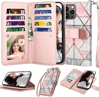 NJJEX Wallet Case for iPhone 14 Plus 6.7" 2022, for iPhone 14 Plus Case, [9 Card Slots] PU Leather ID Credit Holder Folio Flip [Detachable] Kickstand Magnetic Phone Cover & Lanyard [Marble Pink]