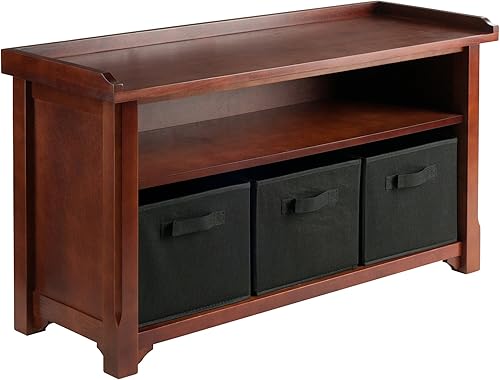 Miniatura 13 de Banco de almacenamiento de nogal con cestas de tela Winsome Verona, Madera, Nogal Antiguo Nuez,Nogal / Beige,nogal y negro.