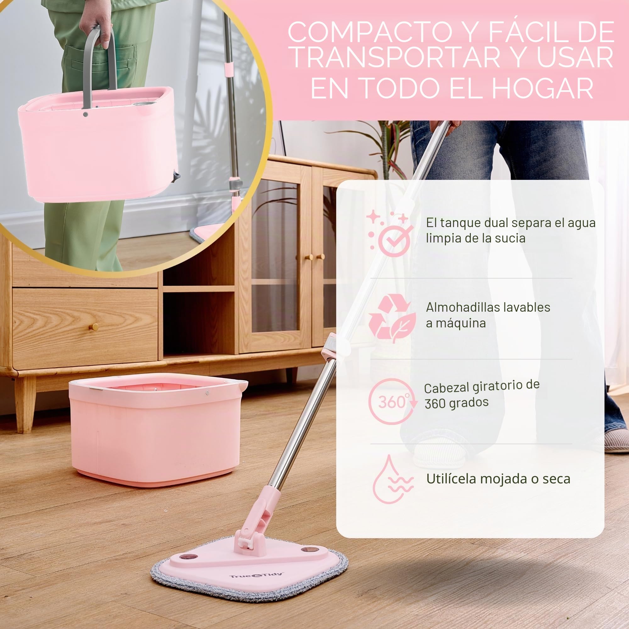 True & Tidy® True Clean - Sistema de fregona y Cubo, Incluye Cubo de fregona de Giro Cuadrado, Cubo de fregona de Doble Compartimento y 2 Almohadillas Gruesas Lavables a máquina, Nuevo Mejorado con