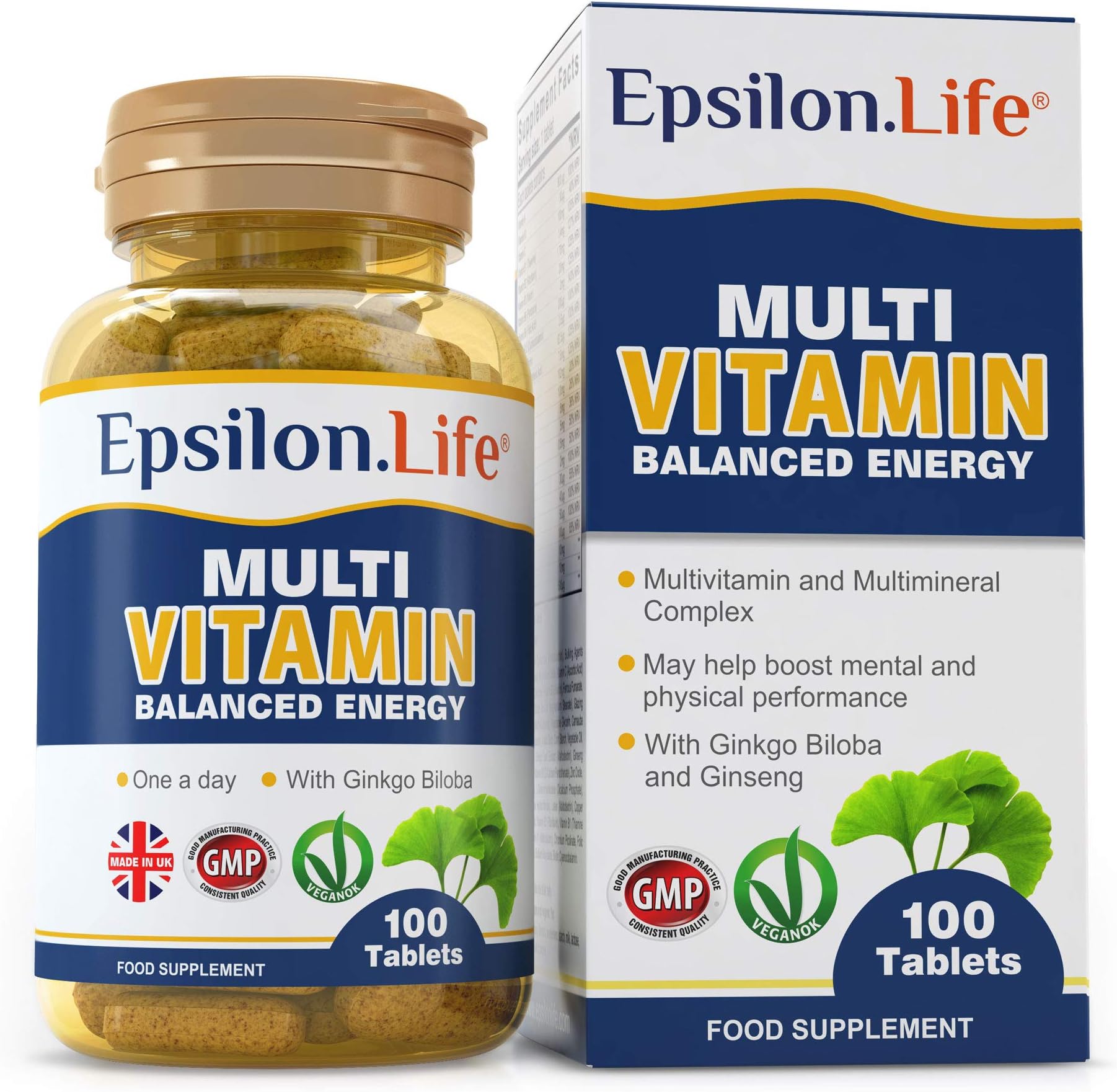 Epsilon Multivitamin and Mineral Complex - 100 Tablets - Vegan Multivitamins with Iron, B-Complex, Ginkgo Biloba and Ginseng