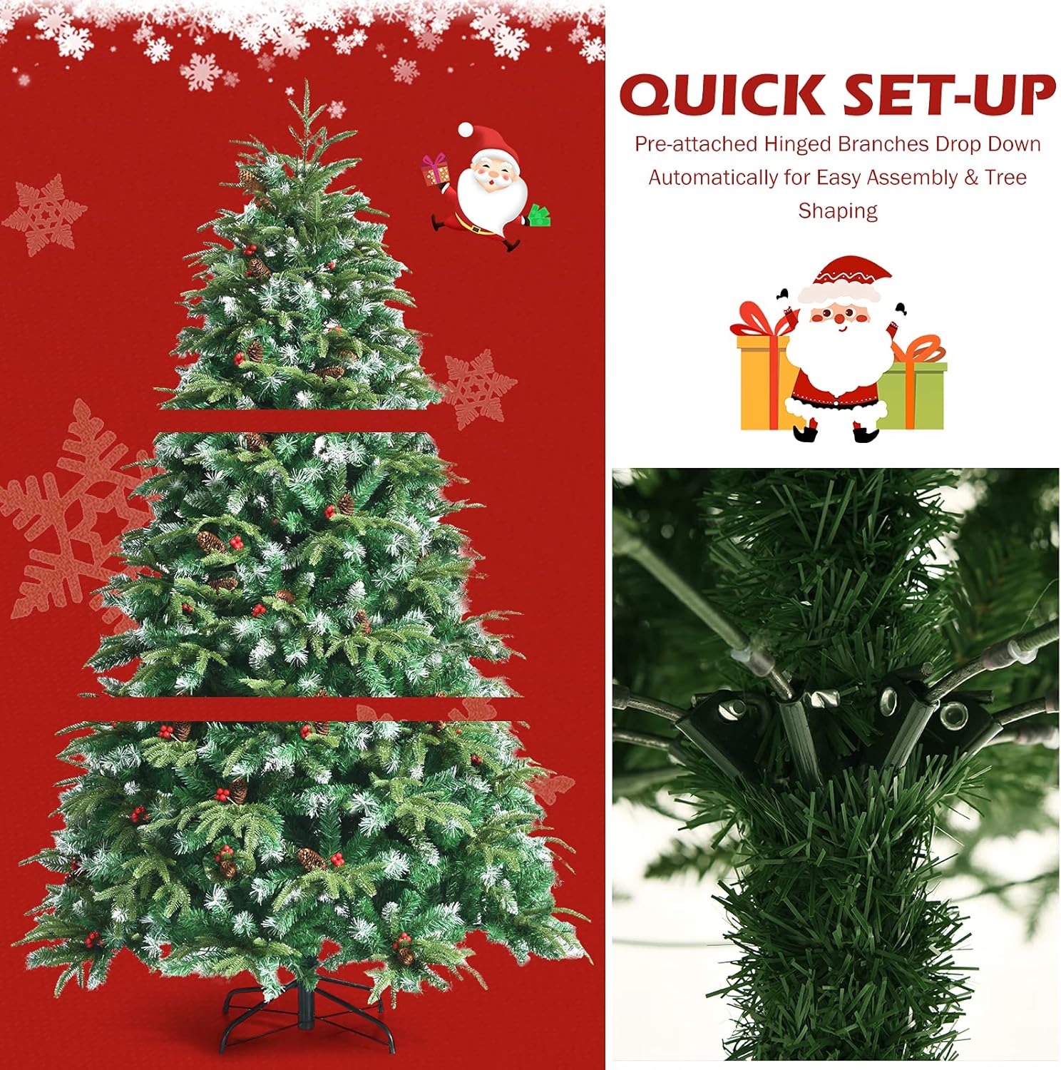 Goplus 7FT Pre-Lit Artificial Christmas Tree, Hinged Realistic Snowy Xmas Pine Tree W/ 450 Color Changing LED Lights, 11 Flash Modes, Pine Cones and Red Berries, for Home, Office, Party Decoration
