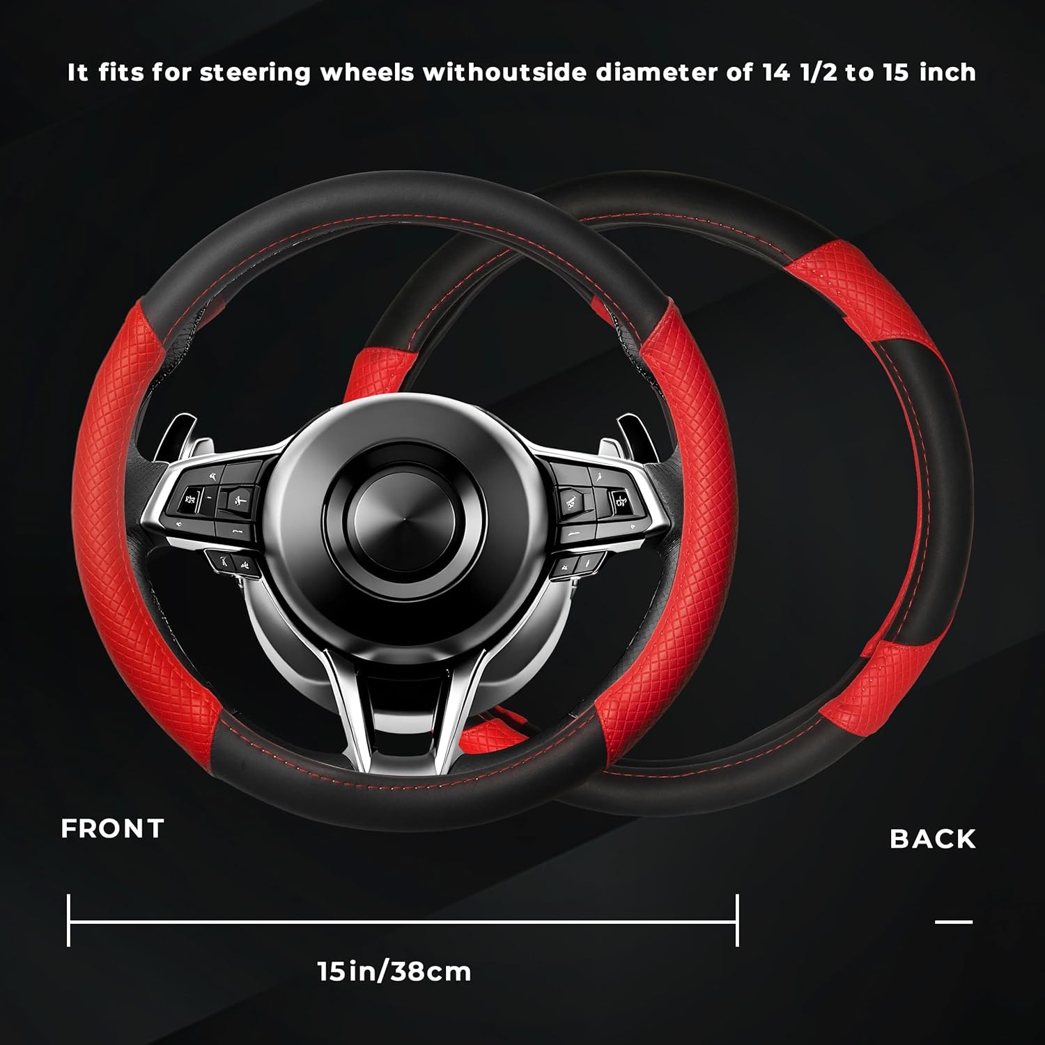 Steering Wheel Cover for Ford Bronco 1987-1996, 2020-2025, Car Steering Wheel Cover for Women Men, Nappa Leather Anti-Slip, Car Interior Accessories, Standard Size (14.5"-15" - Black & Red)