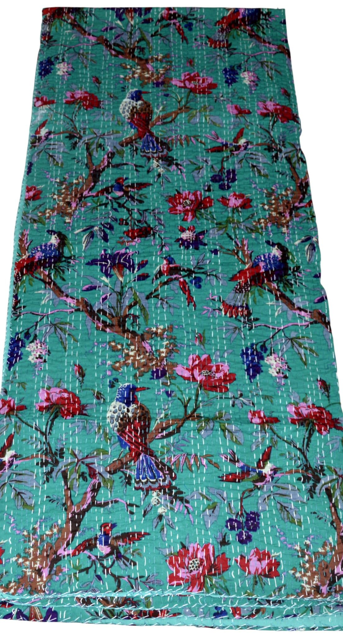 copriletto indiano 100% cotone Kantha, set di copriletti fatti a mano, reversibile, set di copriletti di lusso vintage con motivi floreali e uccelli