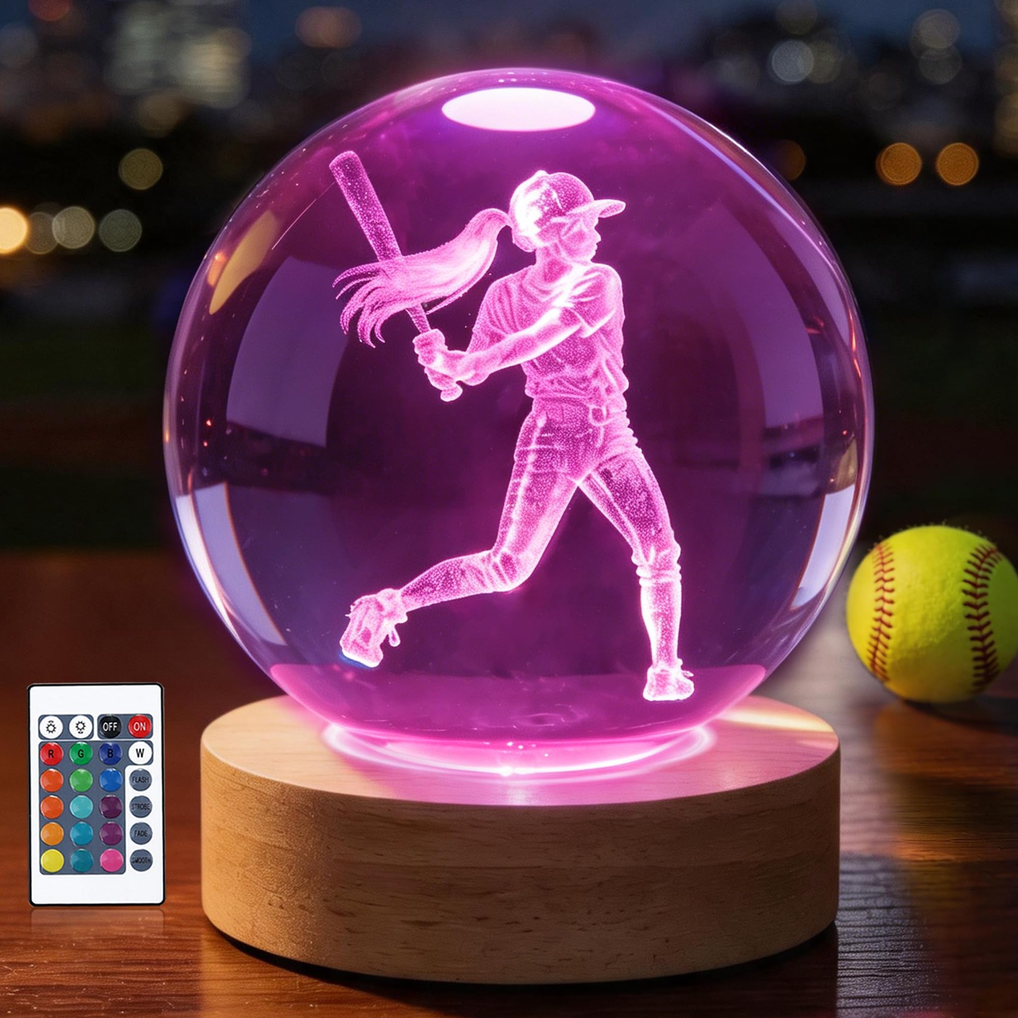 OkiyiD Girls Softball Night Light, Softball Crystal Ball 3.15 Inch (80mm) Lamp with 16 Colors, Softballs Gifts for Girls Women Birthday Xmas, Room Decor Accessories Ornaments