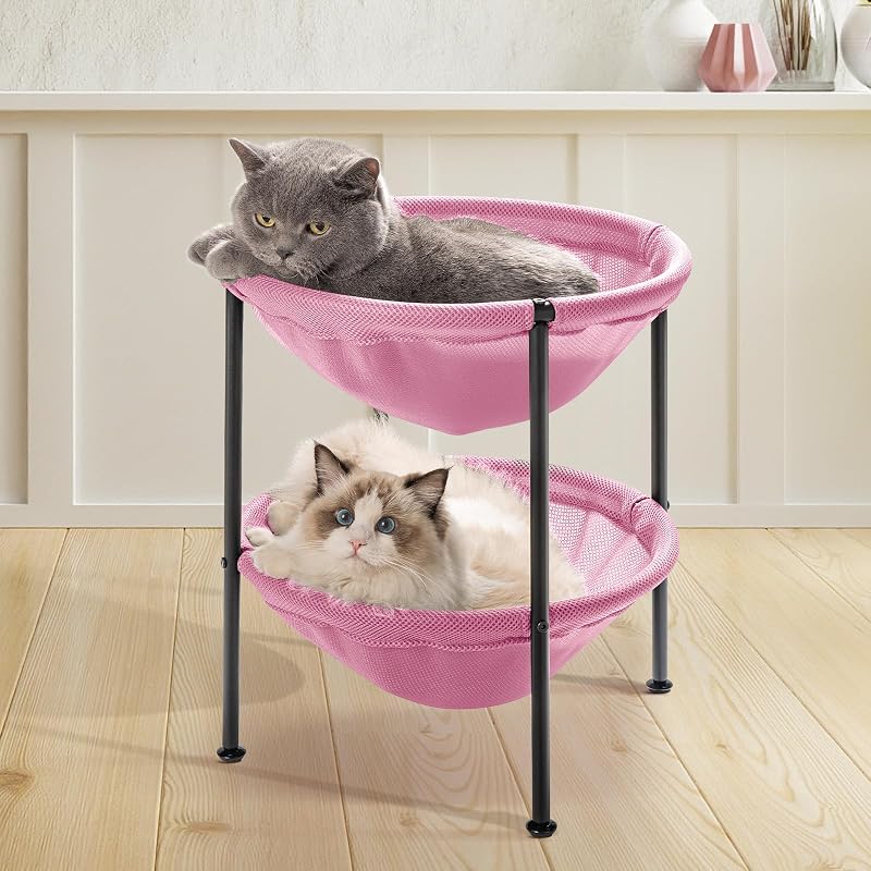 Rede Dupla para Gatos JUNSPOW com Estrutura de Dois Andares e Tecido Respirável Rosa