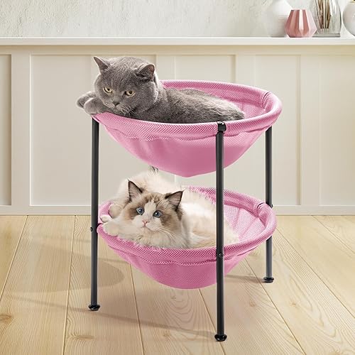 Double Cat Bed Pink, Breathable Pet Bed for 2 Cats with 4 Adjustable Feet & Anti-Slip Mats, Easy Assembly Cat Hammock for Multi-cat Household, Indoors & Outdoors, 22.8 in x18.7 in x 18.7 in