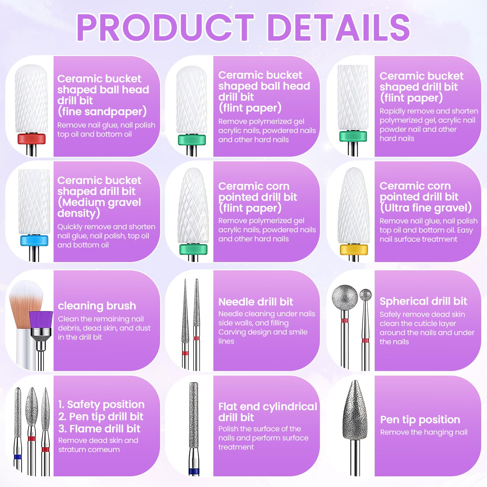 mohito 21 pezzo Punte Fresa Unghie,3/32 Inch Nail Drill Bits for Acrylic Nails,Punte Fresa Unghie Professionale,Per punte per unghie da 3/32 pollici Unghie in gel Manicure e pedicure in gel acrilico