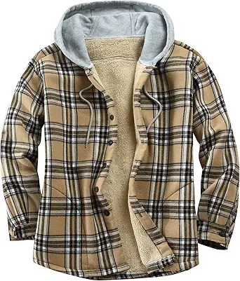 Derbars Men's Cotton Plaid Shirts Jacket Fleece Lined Flannel Shirts Sherpa Button Down Jackets with Hood for Men