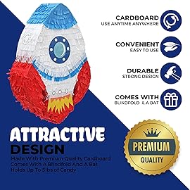 Birchio Rocket Pinatas Bundle with a Blindfold and Bat(16.5x11.4x4 Inches), Perfect for Boy\'s Birthday Party Supplies, Space Theme Birthday, Decoration for Kids Party