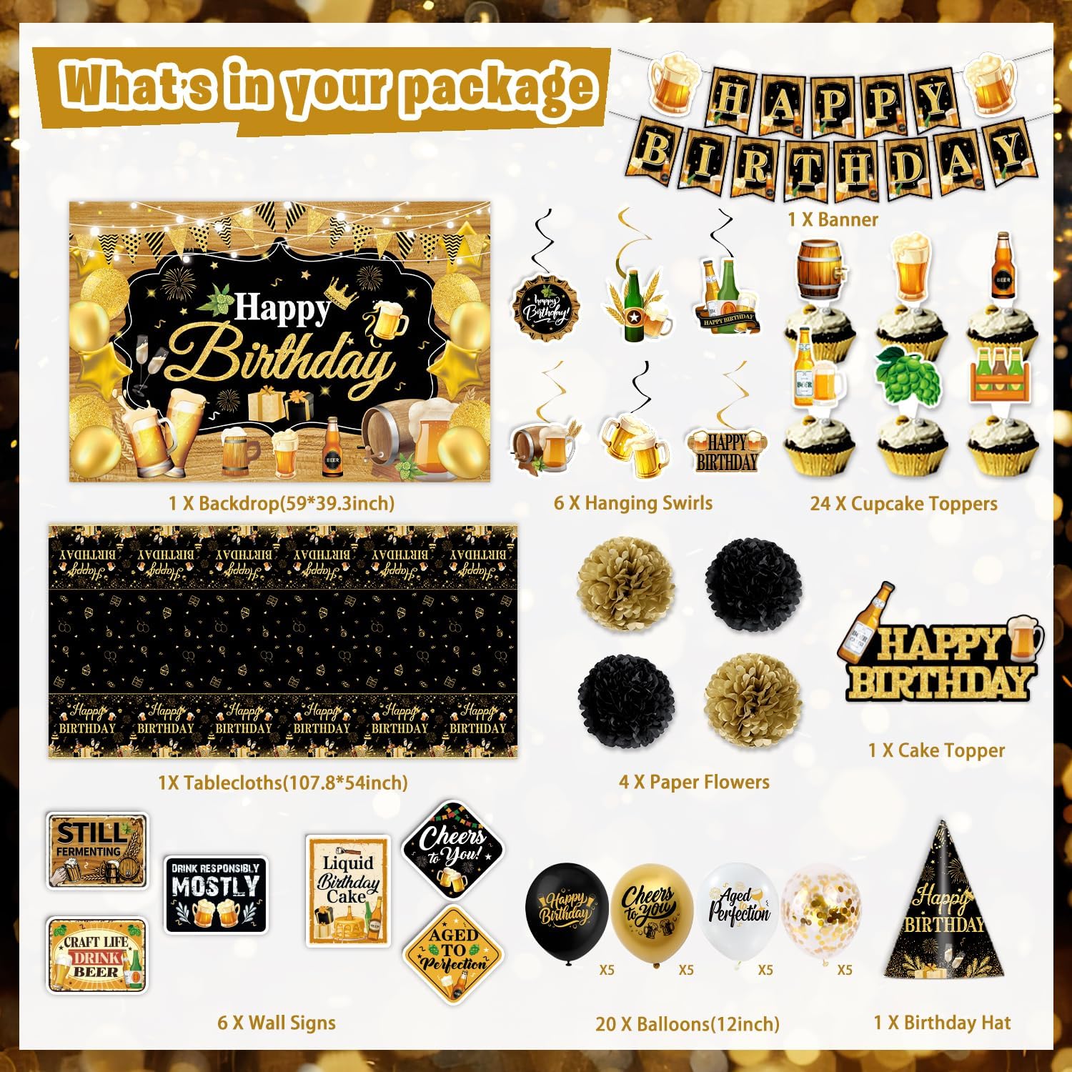 Mpanwen Beer Birthday Party Decorations, Beer Aged to Perfection Birthday Party Decorations Decor Supplies for Men - Backdrop, Banner, Cake, Cupcake Toppers, Tablecloth, Hanging Swirls, Wall Signs