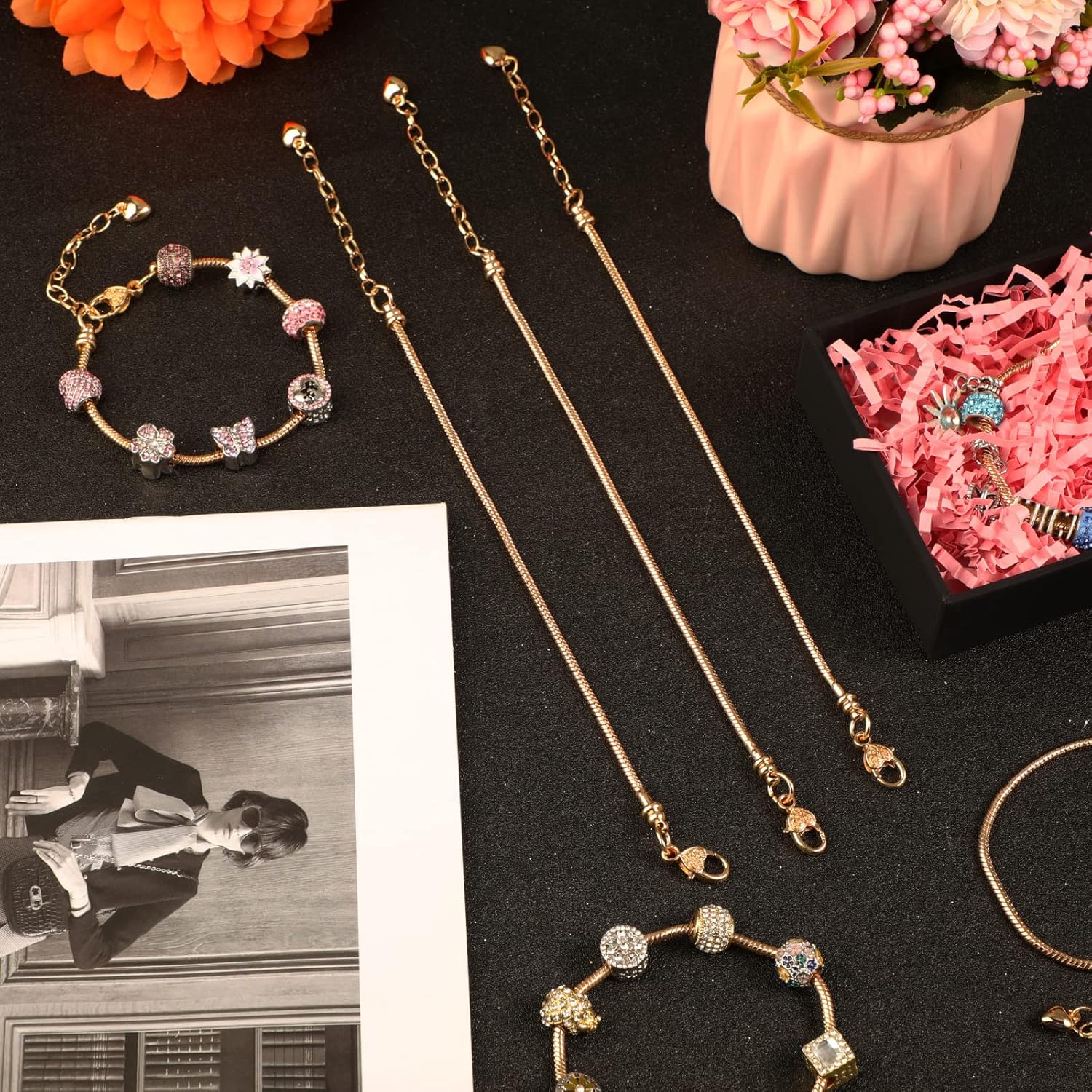 Junkin 12 Pcs Snake Chain Charm Bracelet with Heart Lobster Clasp Extender Adjustable Christmas DIY Metal Bracelet Chain for Women Jewelry Making Gifts Supplies 7.87 Inches - Image 2