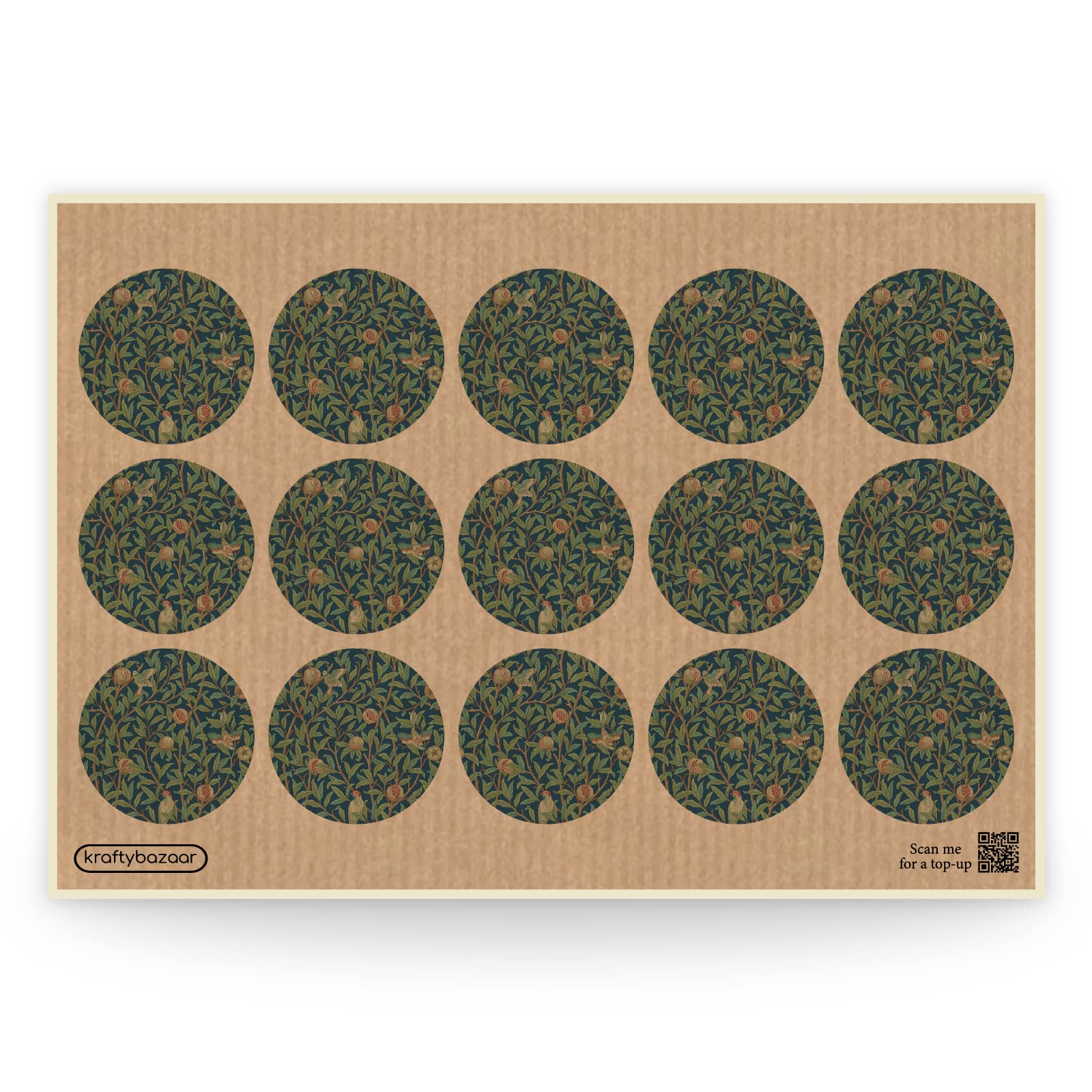 William Morris Birds and Pomegranate Paper Labels, 37mm Self-Adhesive Stickers, Multipack Stationery Craft Decor Labels (Kraft Paper Labels, Pack of 180 Labels)