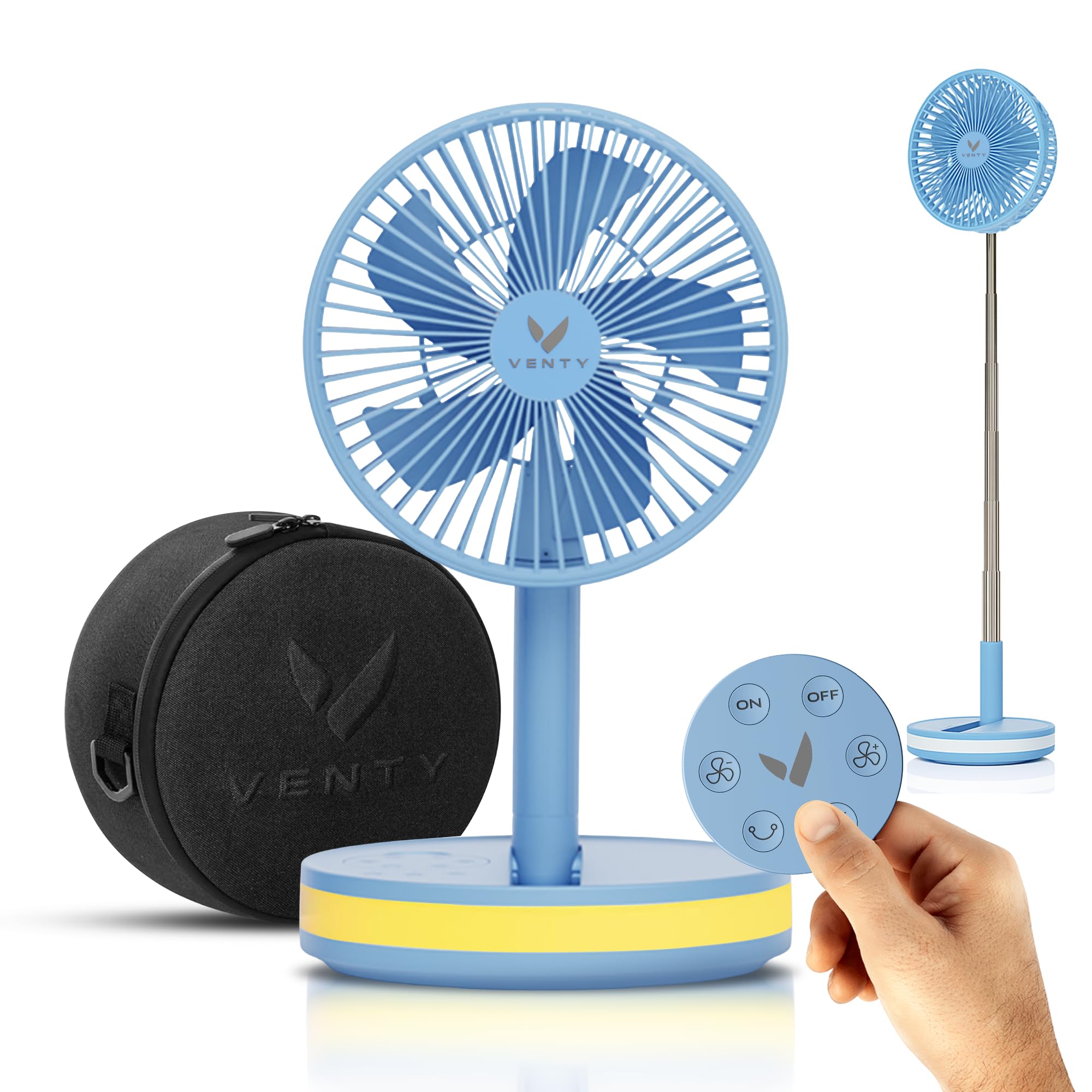 VENTY Portable Fan - Wireless Battery Operated Fans, 48HR Run Time 16000MAH Oscillating Rechargeable Fanss, Remote Control & LED Lighting, Folding Telescopic Camping Fan (Blue with Case)
