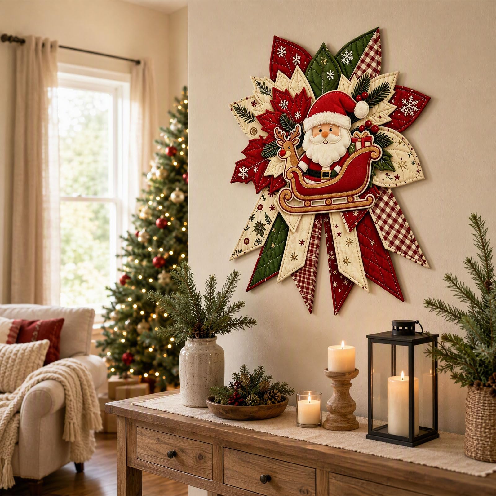 Festive Quilted Christmas Door Hanging DIY Sewing Kit, Christmas Quilted Bow DIY Kit with Fabric, Batting, Thread, Templates & Instructions, Patchwork Hanging Decor Kit for Door Wall Display (GG)