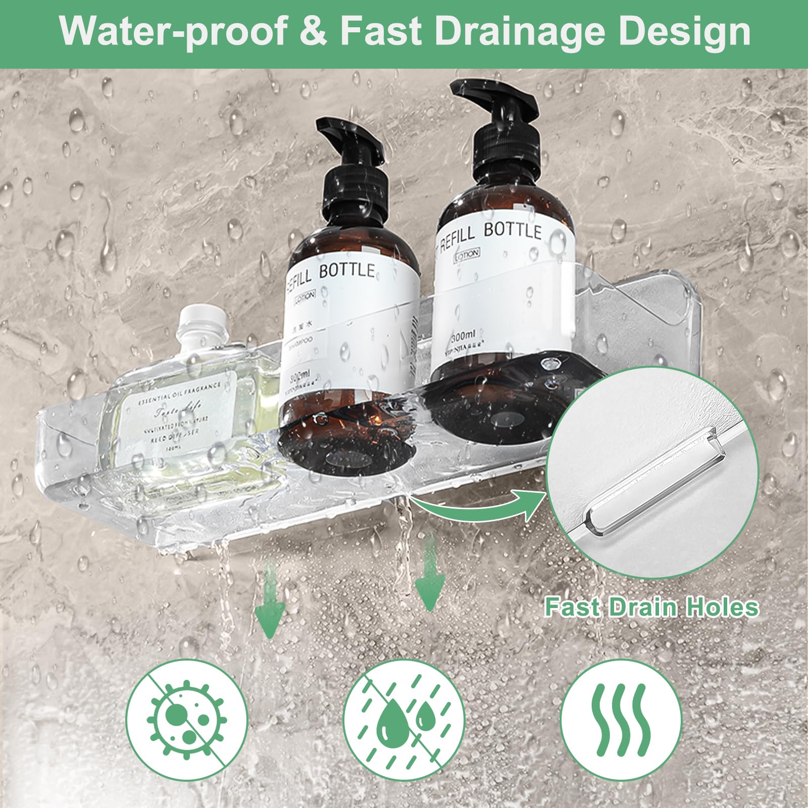 CGBE Mensola per Doccia Senza Foratura, Confezione da 2 Mensole per Bagno, Cestini per Doccia, Mensole per Bagno in Plastica Autoadesive con Montaggio a Parete per Bagno e Cucina.(Clear, Large*2)