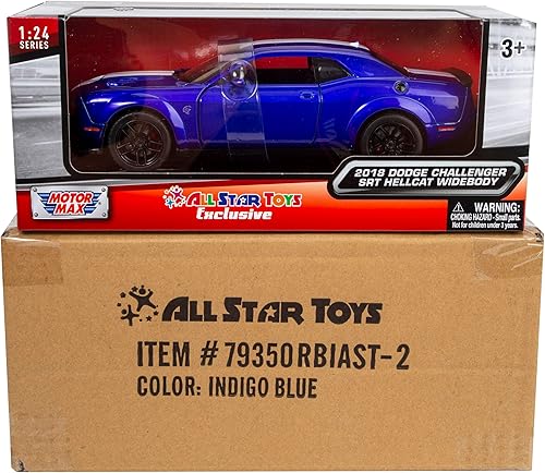 Miniatura 9 de All Star Toys Challenger SRT Hellcat Widebody 2018 azul índigo con rayas de carreras 1/24 fundido a troquel modelo Motormax exclusivo 79350