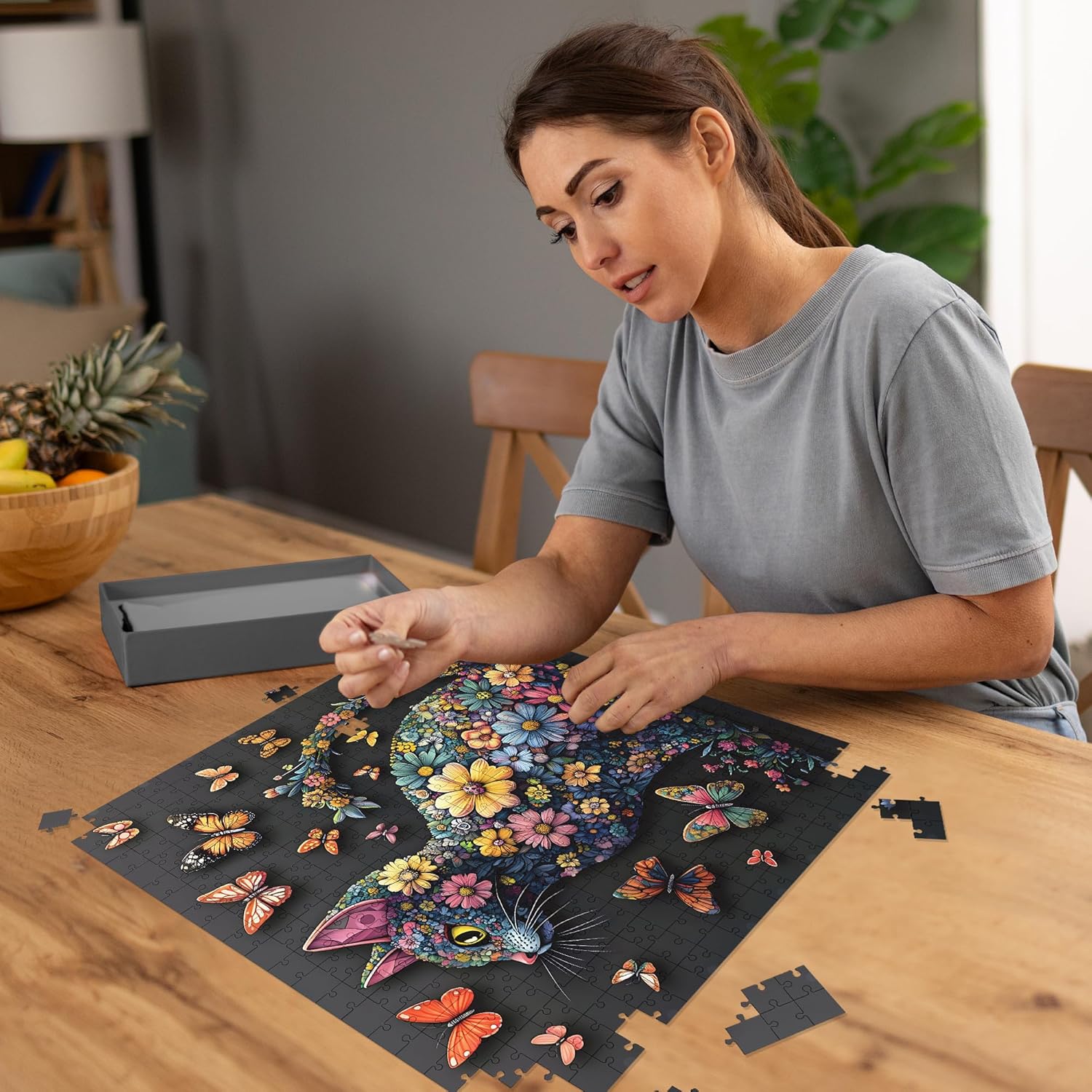 Cat 1000 Piece Puzzle for Adults, Butterfly Jigsaw Puzzles, Black Cat Flower Puzzle for Home Decor, Finished Size 23.98 * 23.98", with 1:1 Poster, Letter on The Back
