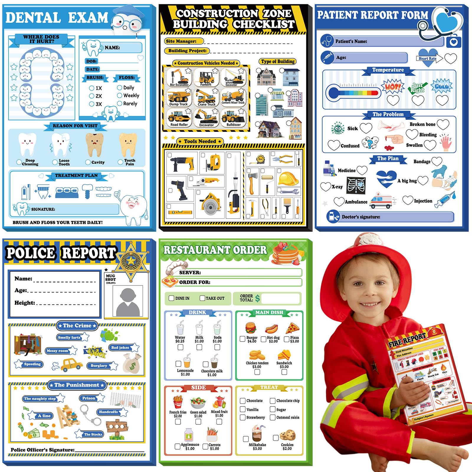 Eaasty 6 Pack Kids Pretend Play Notepads 4 x 6 Inch Playtime Pads for Kids 40 Pages Pretend Notebooks Imaginative Role for Toddlers (Boys)