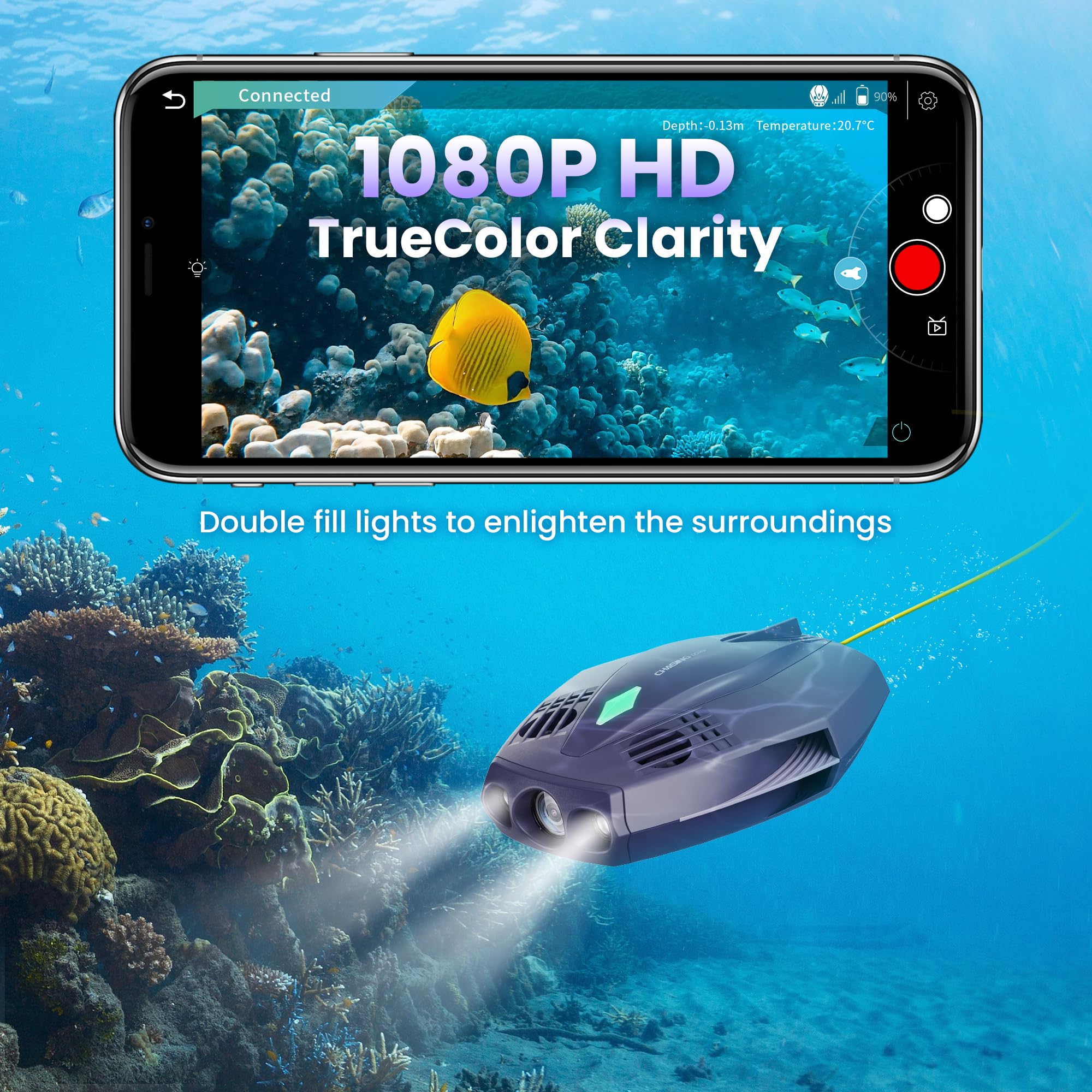 Chasing DORY Drone submarino – Dron submarino Full HD de 1080p con cámara para visualización en tiempo real, control remoto de aplicación (morado)