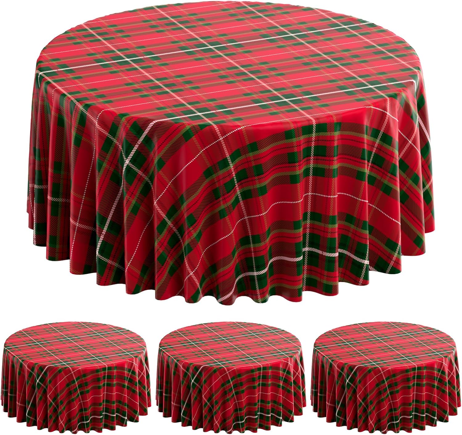 3Pcs Christmas Buffalo Checkered Plaid Disposable Party Tablecloth Decorations,Plastic Red and Green Xmas Round Table Cover Backdrop for Christmas Winter Holiday New Year Party Supplies, 84inches