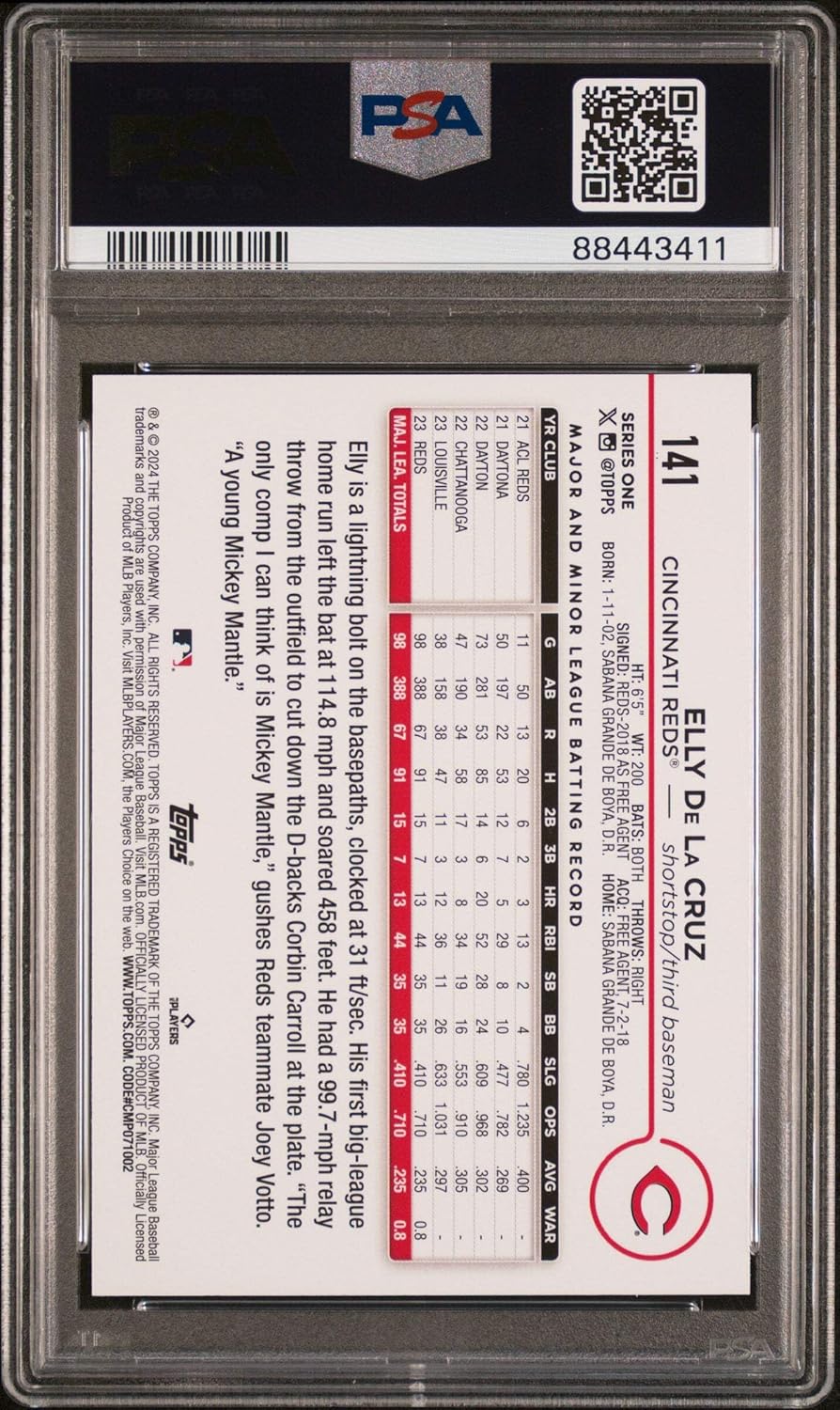 Graded 2024 Topps Elly De La Cruz #141 Yellow Rookie RC Baseball Card PSA 10 Gem Mint