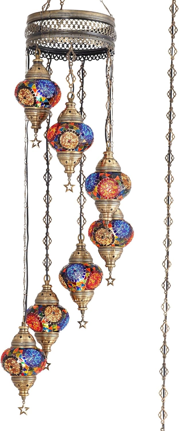 DEMMEX 7-Globe Plug-in Turkish Moroccan Mosaic Chandelier – Tiffany Style Ceiling Lamp, Hanging Pendant Light Fixture, Bohemian Swag Lighting, Handmade, 15ft Cord&Chain, Hangs 5ft, Multicolored