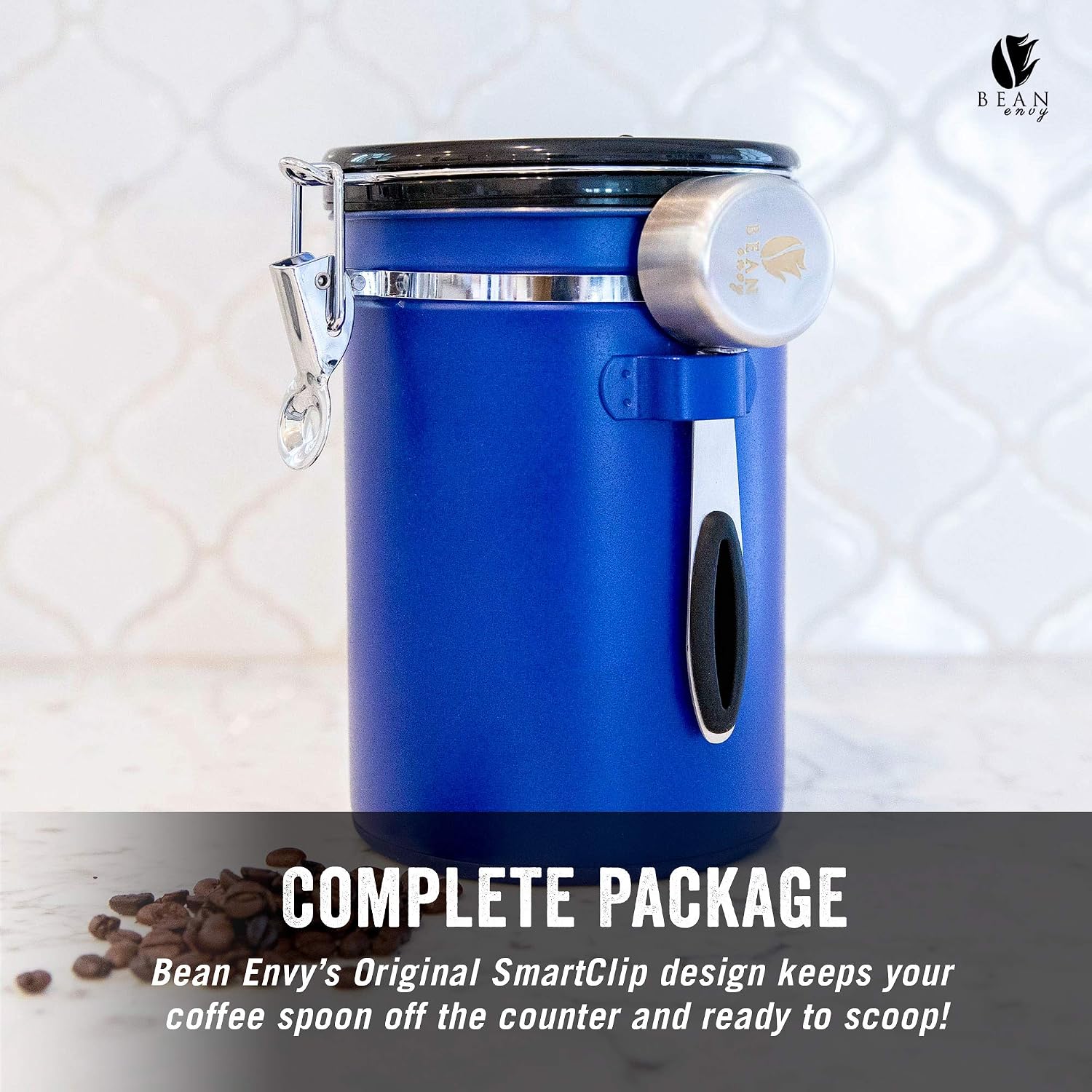Bean Envy Coffee Canister - 22.5 oz Coffee Storage Container and Organizer w/Stainless Steel Scoop, Date Tracker & Co2-Release Valve - Essential Coffee Accessories, Blue
